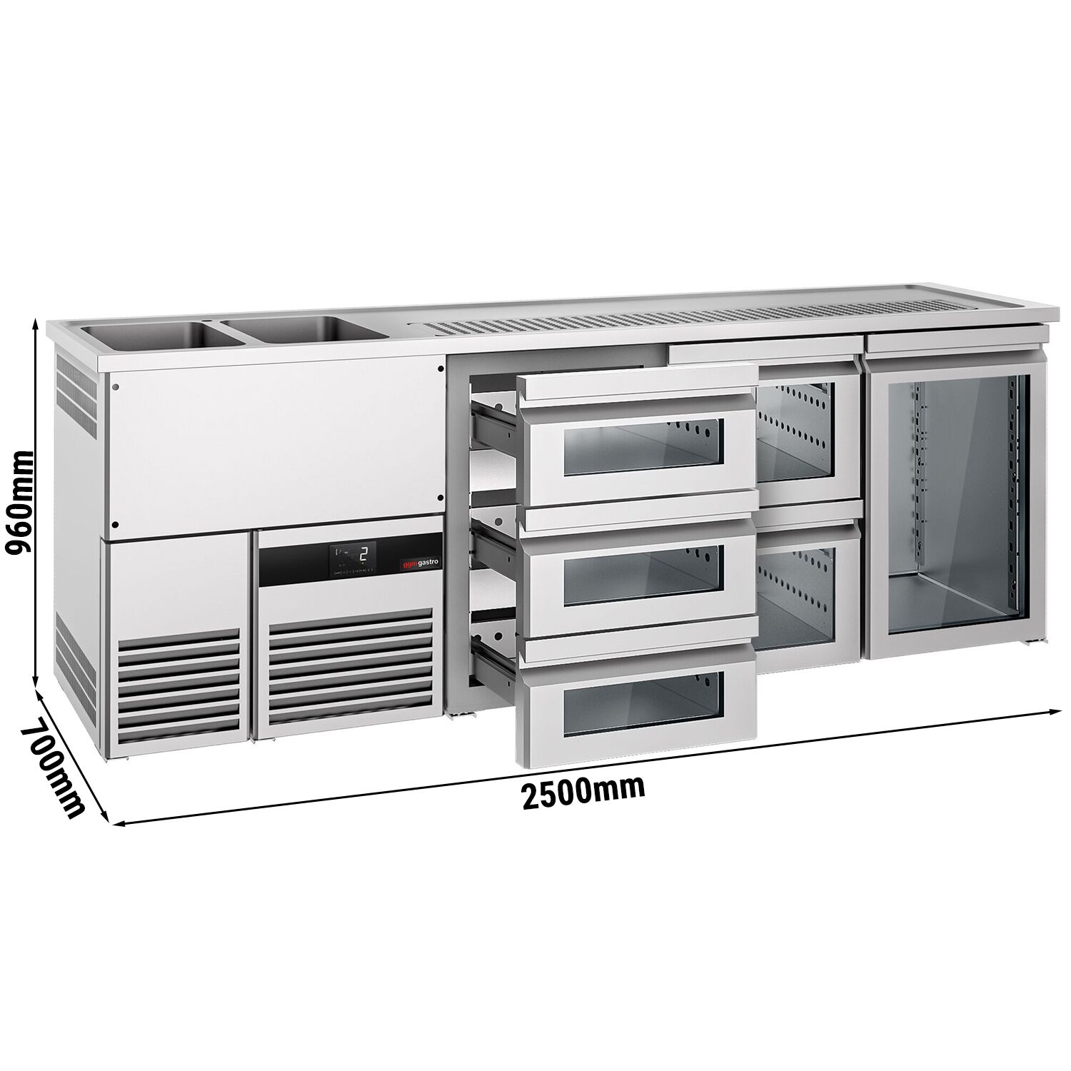 Comptoir de bar réfrigéré PREMIUM - 2500x700mm - 1 porte vitrée & 5 tiroirs en verre