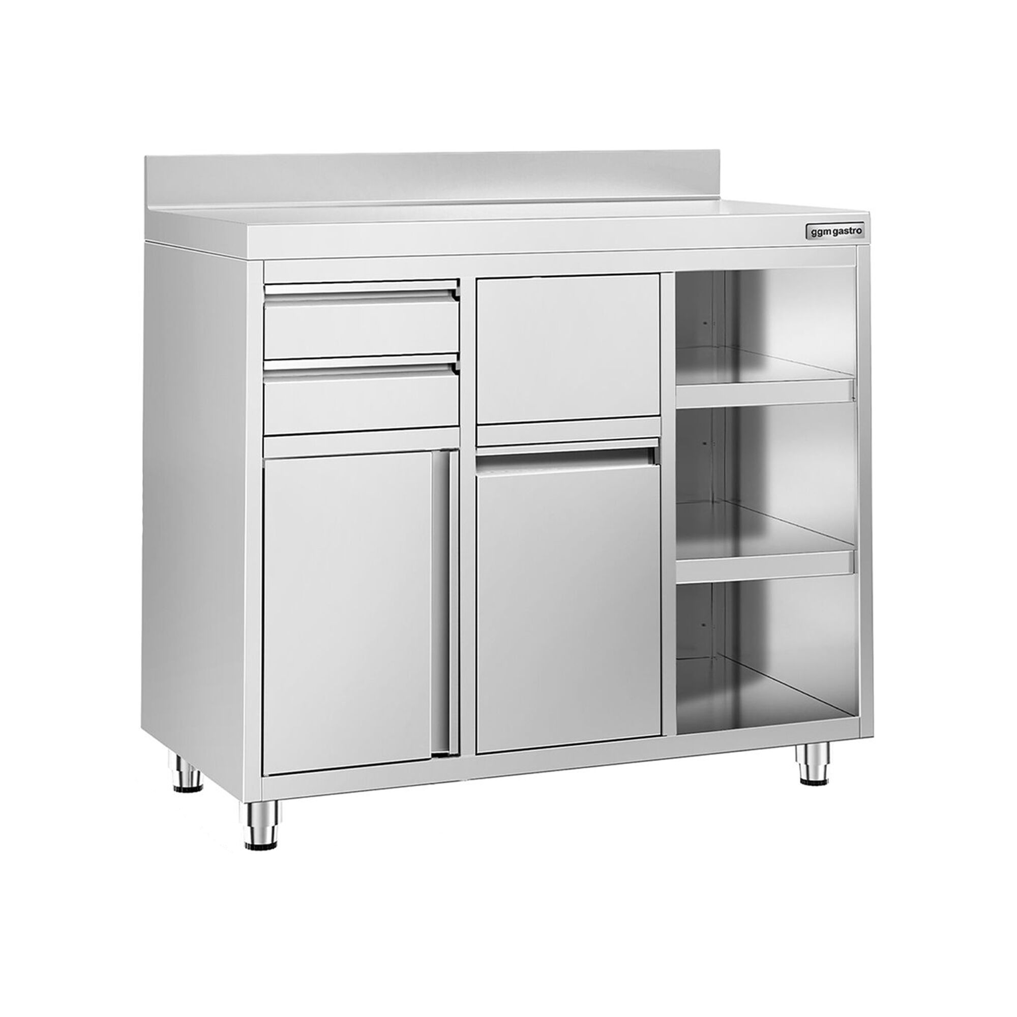Table armoire en acier inoxydable - 1200x600mm - avec portes battantes - avec dosseret - pour cafetière à filtre (machine à café) - avec 2 tiroirs