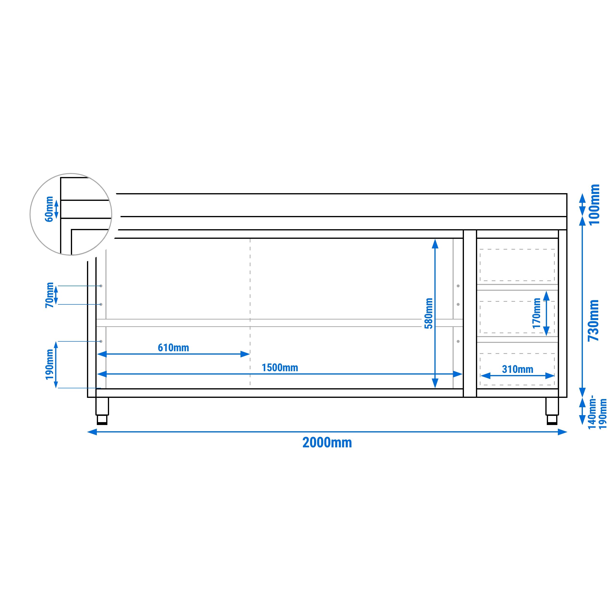 Table armoire en acier inoxydable PREMIUM - 2000x600mm - avec portes coulissantes et 3 tiroirs à droite - avec dosseret