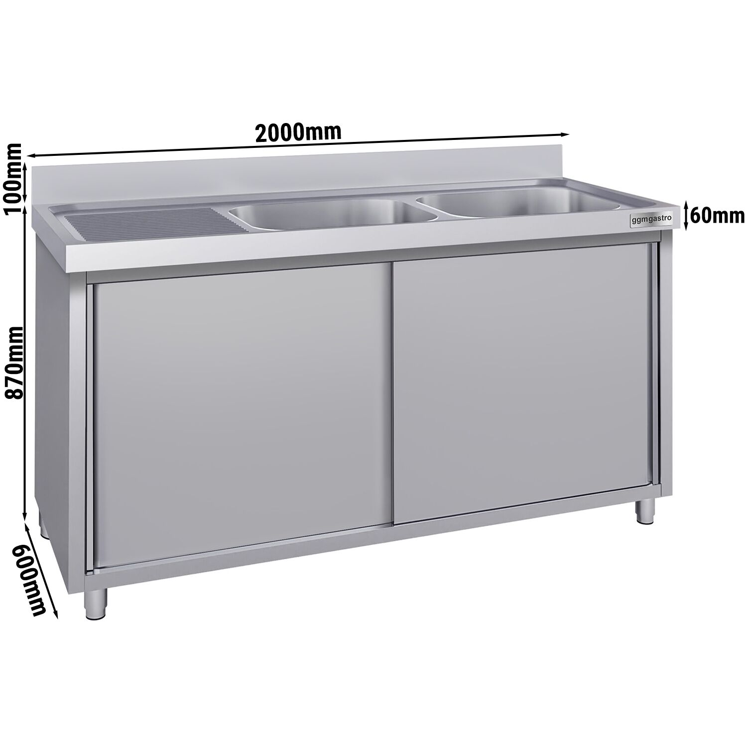 Meuble évier ECO - 2000 x 600 mm - avec 2 bacs à droite