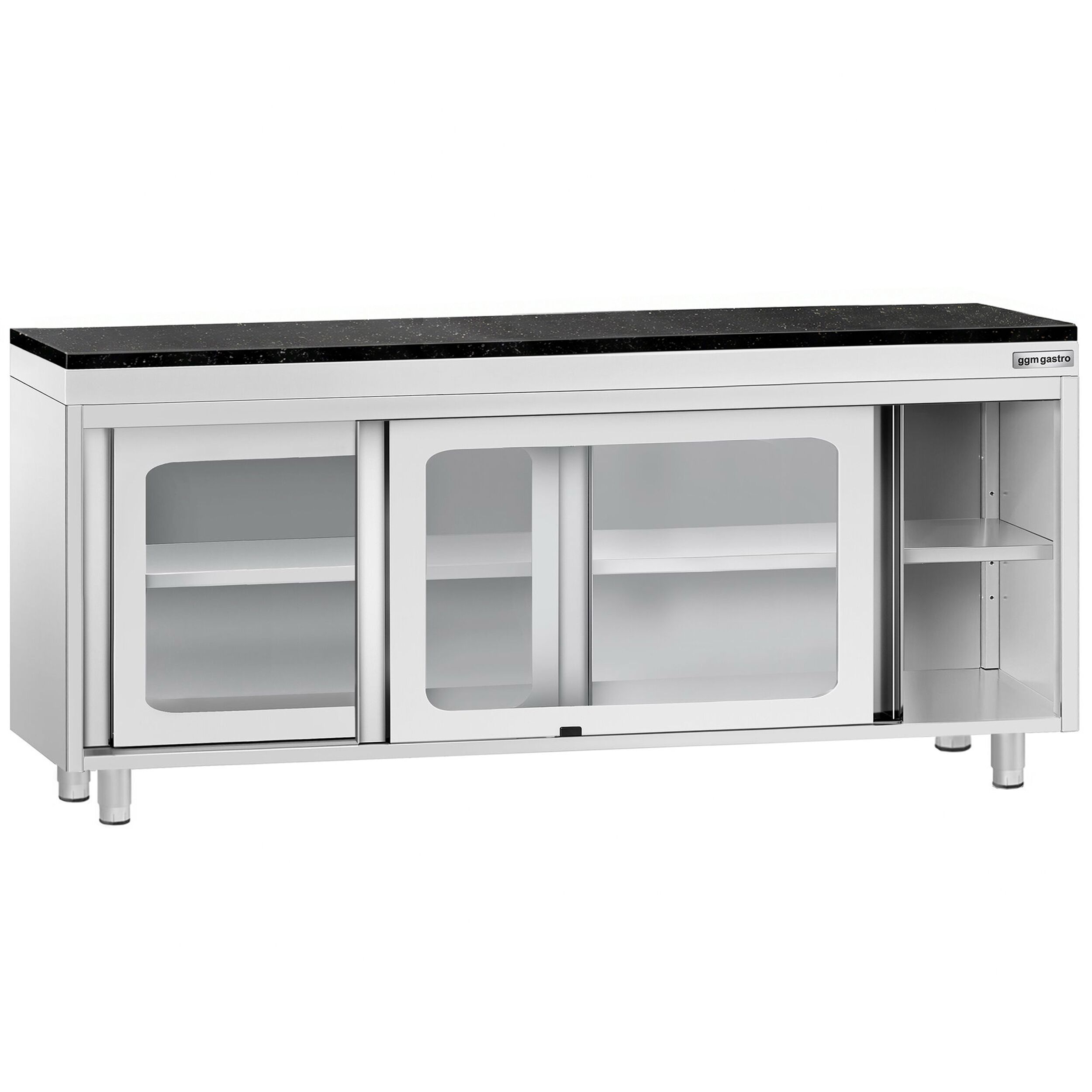 Roestvrijstalen werkkast PREMIUM - 2000 x 600 mm - met glazen schuifdeur - incl. granieten werkblad