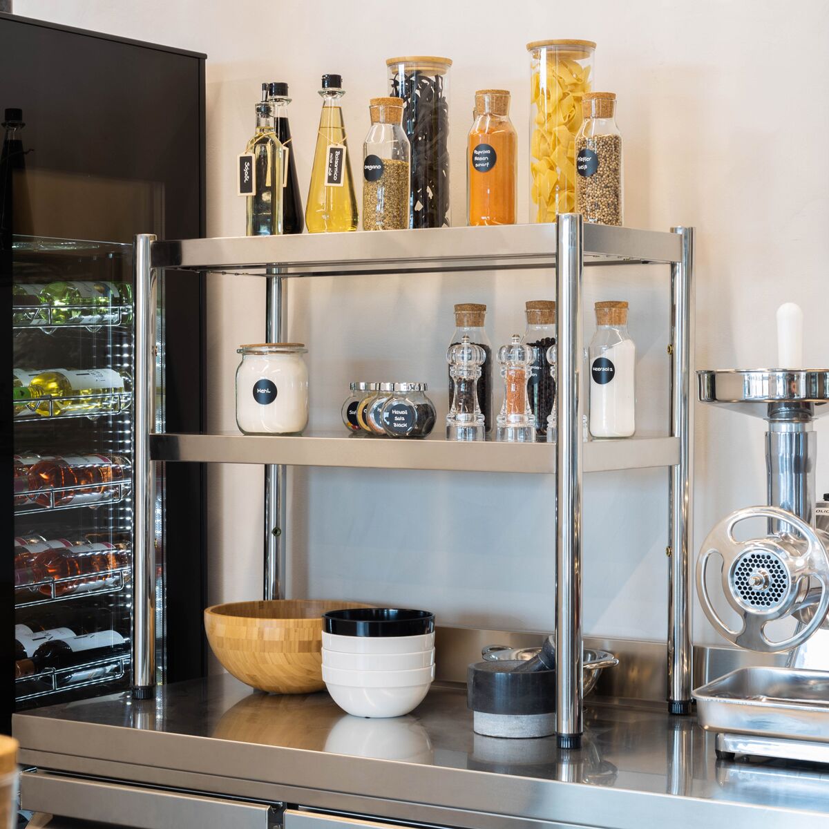 Étagère supérieure en inox – 2 niveaux – 1200 × 370 mm – hauteur réglable