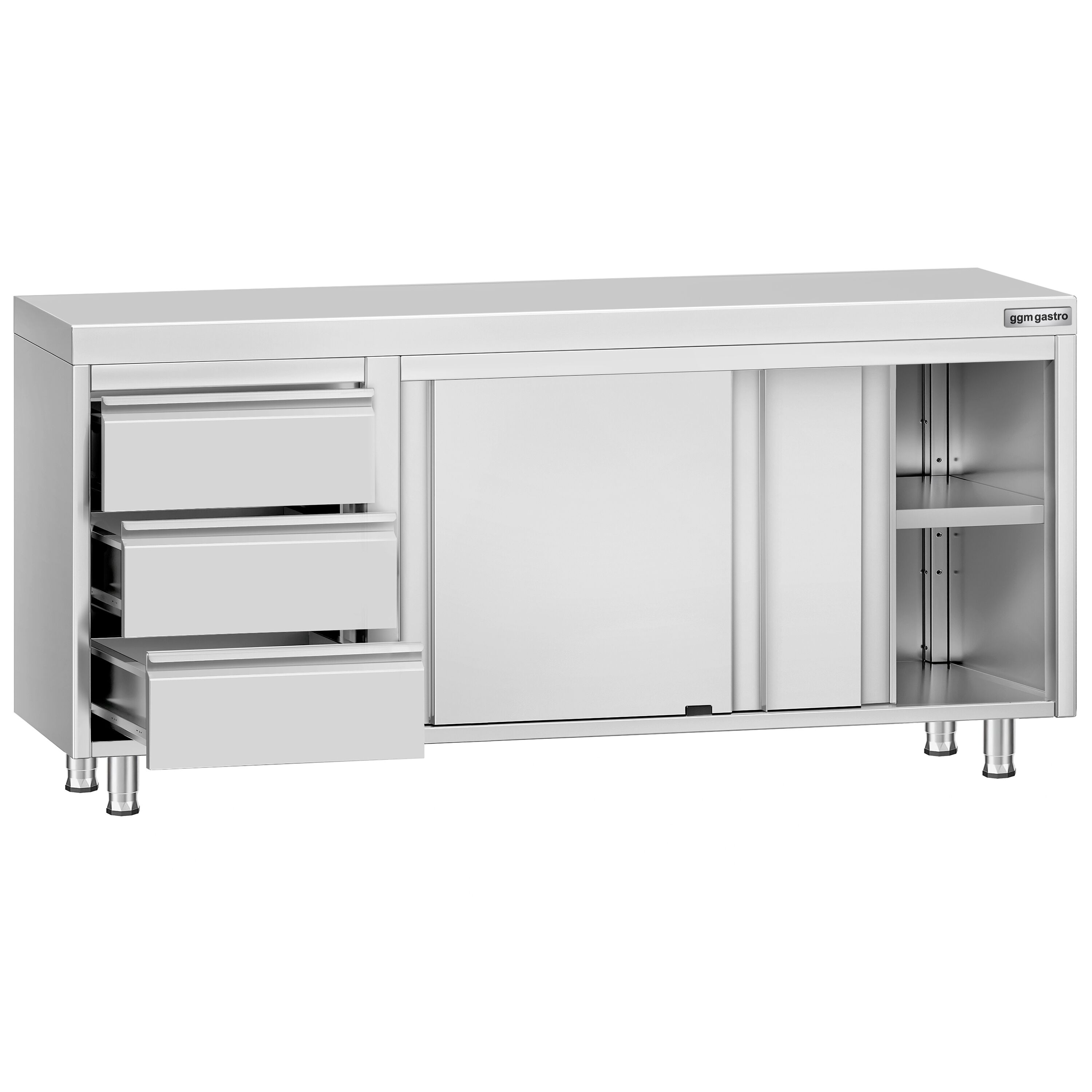 Table armoire en acier inoxydable ECO - 1800x600mm - avec portes coulissantes et 3 tiroirs à gauche et étagère basse
