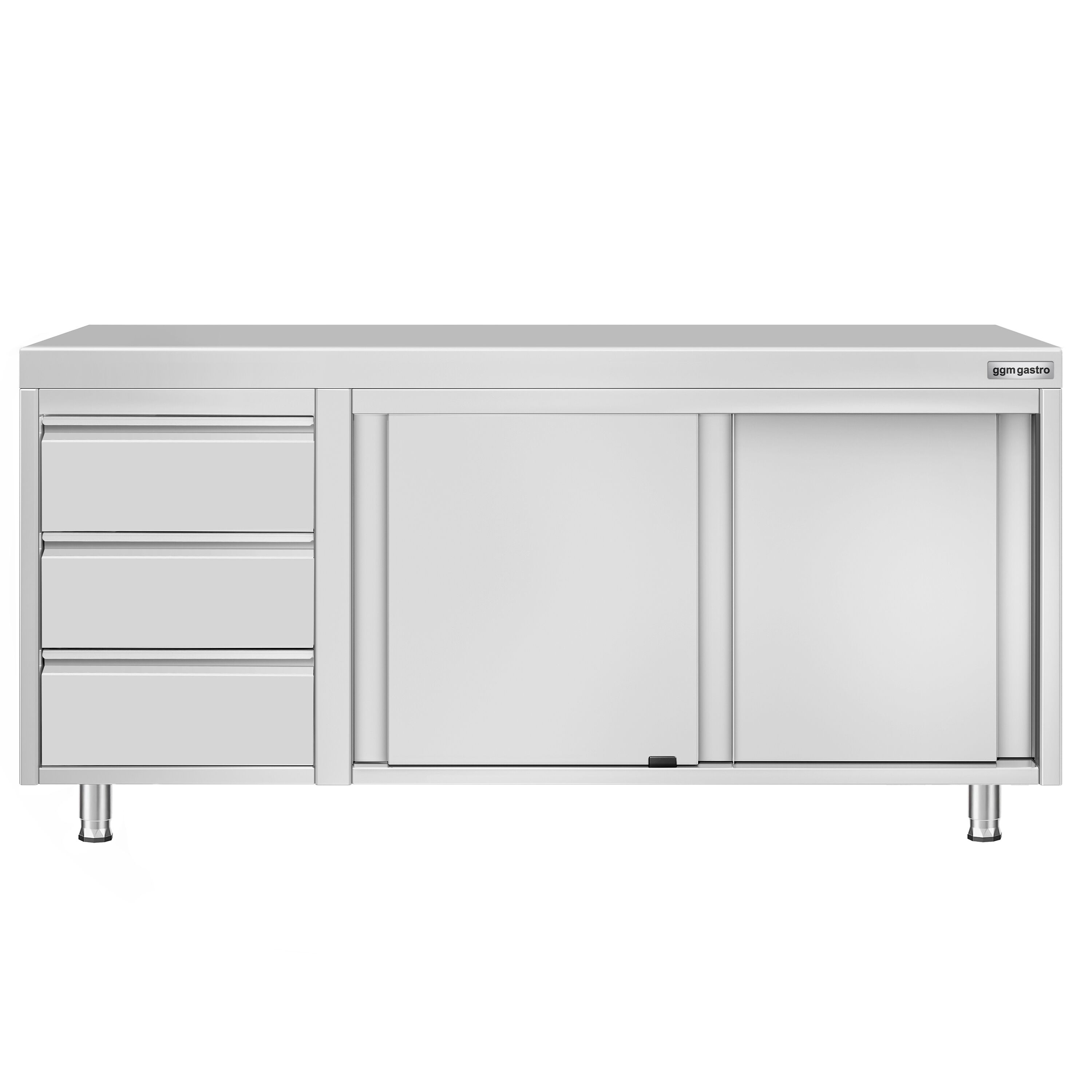 Table armoire en acier inoxydable ECO - 1800x600mm - avec portes coulissantes et 3 tiroirs à gauche et étagère basse