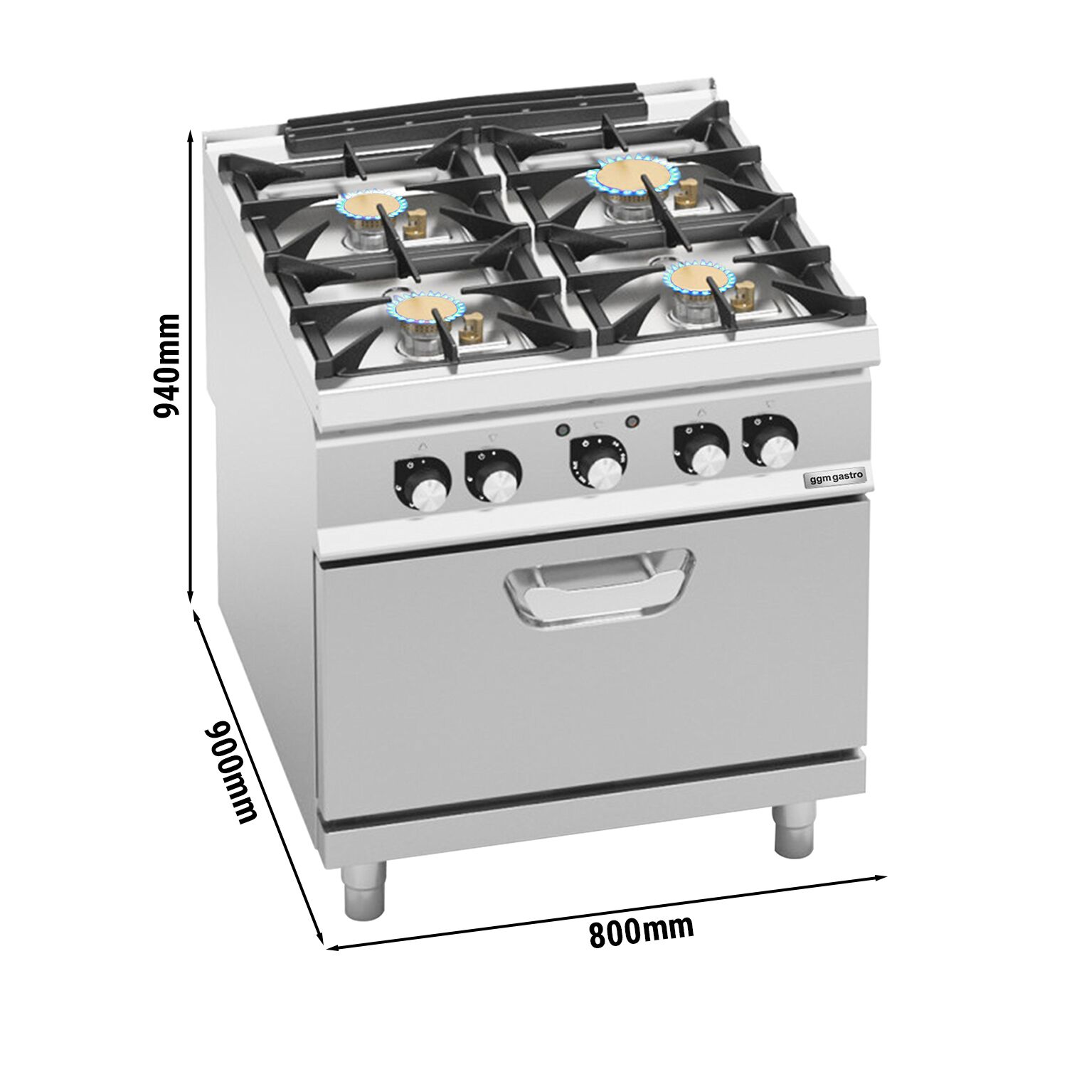 Fourneau à gaz – 28 kW – 4 brûleurs – avec four électrique à convection – 4,68 kW