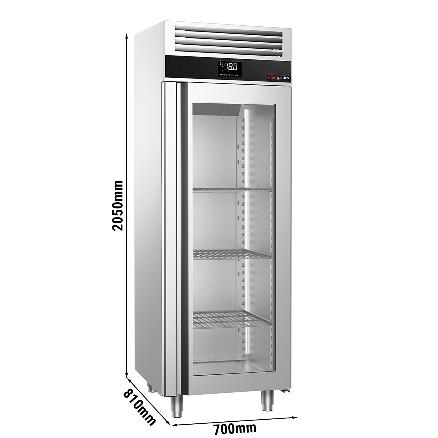 Armoire réfrigérée vitrée négative en acier inoxydable AISI 430 PREMIUM - GN 2/1 - 700 L - avec 1 porte vitrée & 3 grilles GN 2/1 & 3 paires de glissières