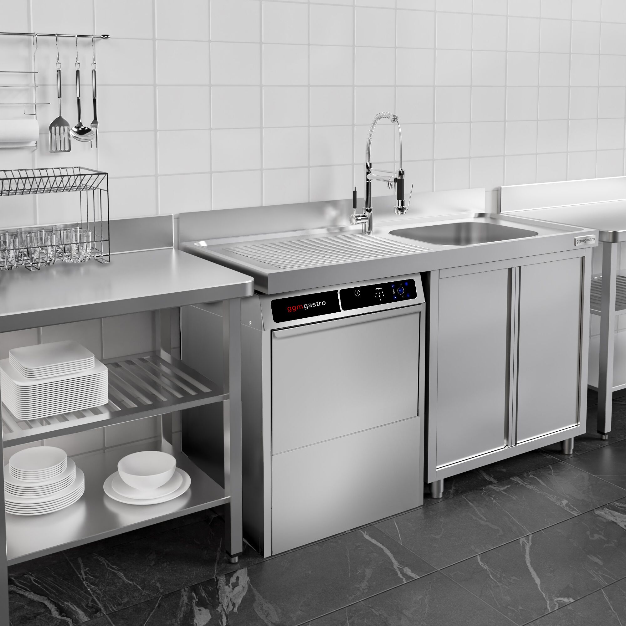Doppelwandige Geschirrspülmaschine - Touch - 3,6 kW - inkl. Entkalker - mit Reiniger-, Klarspüler-& Abflusspumpe