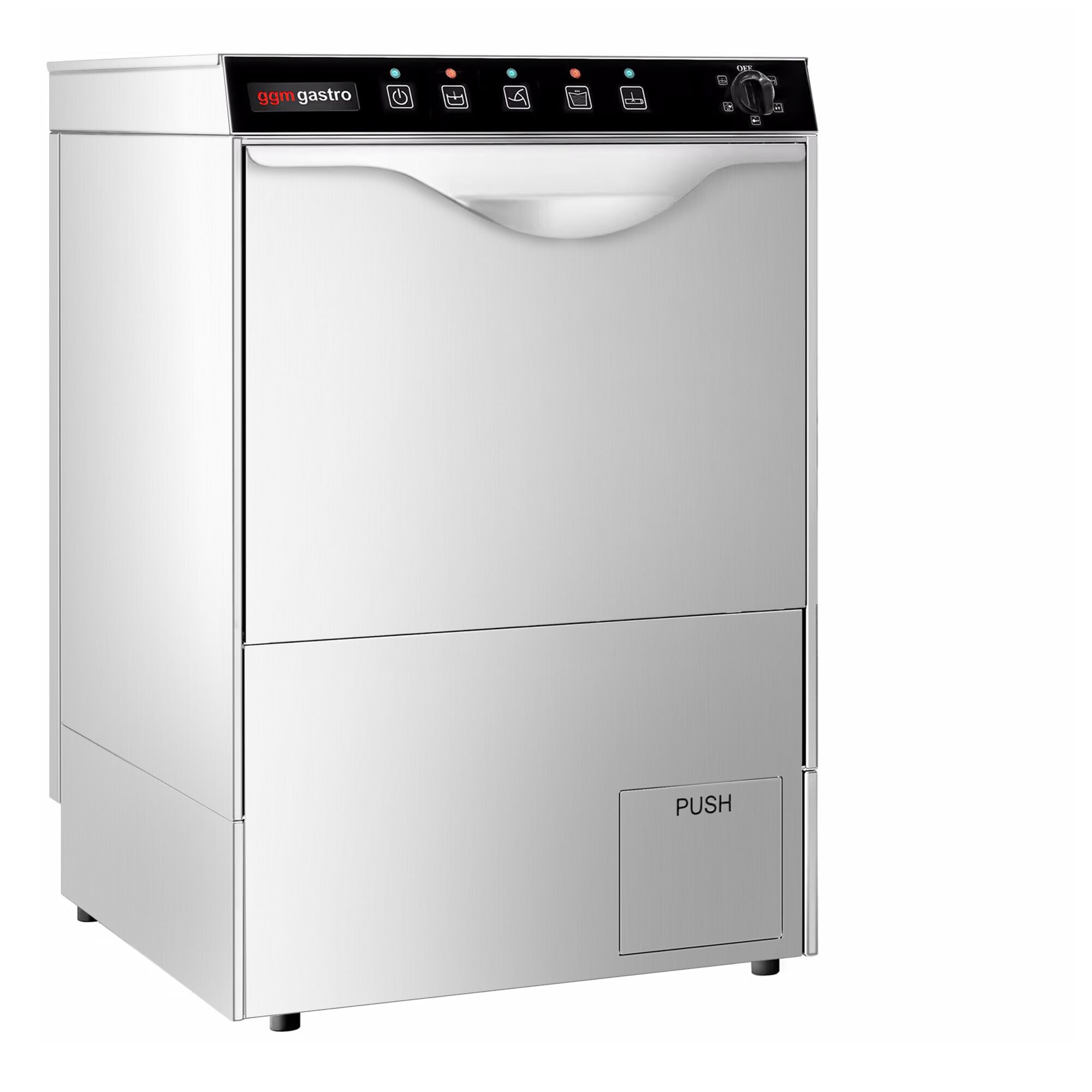 Lave-vaisselle professionnel - Panier 50x50cm - Commandes mécaniques - 3,55kW - avec pompe de vidange + pompes doseuses détergent et liquide de rinçage