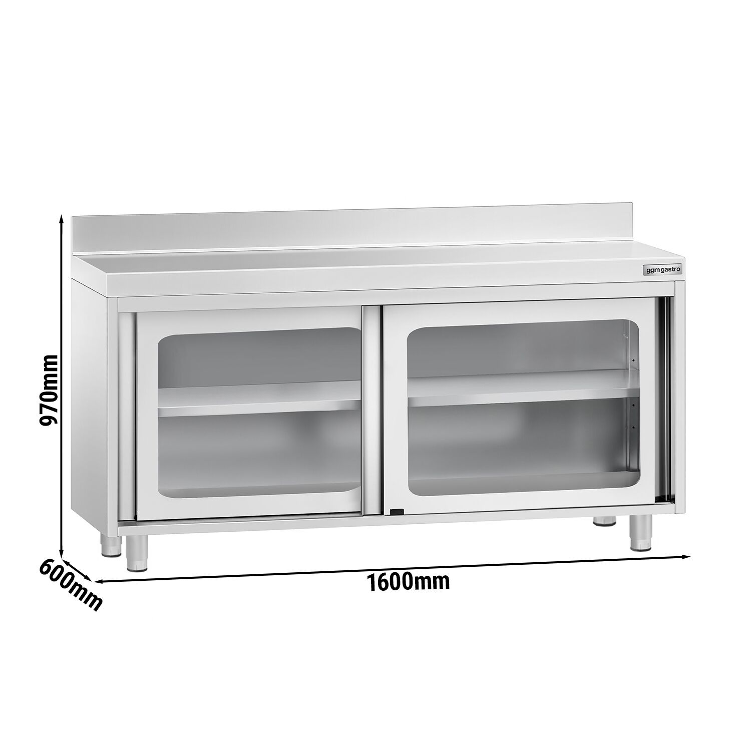 Table armoire en acier inoxydable PREMIUM - 1600x600mm - avec portes coulissantes vitrées - avec dosseret