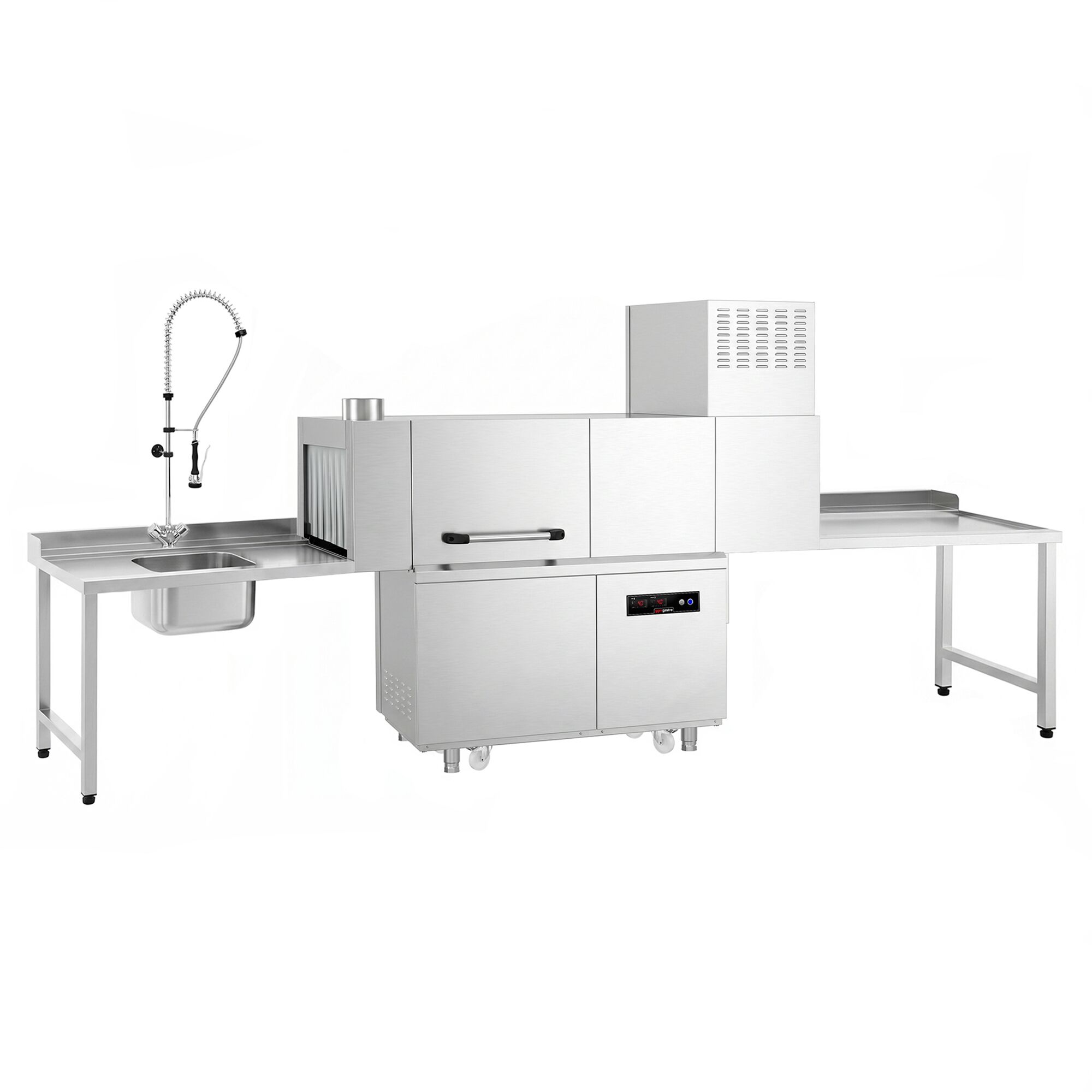 Lave-vaisselle à convoyeur - Commande électronique (affichage numérique) - 47kW - panier 500x500mm - avec tunnel de séchage - avec pompes doseuses intégrées pour détergent et produit de rinçage - Table d’entrée à gauche