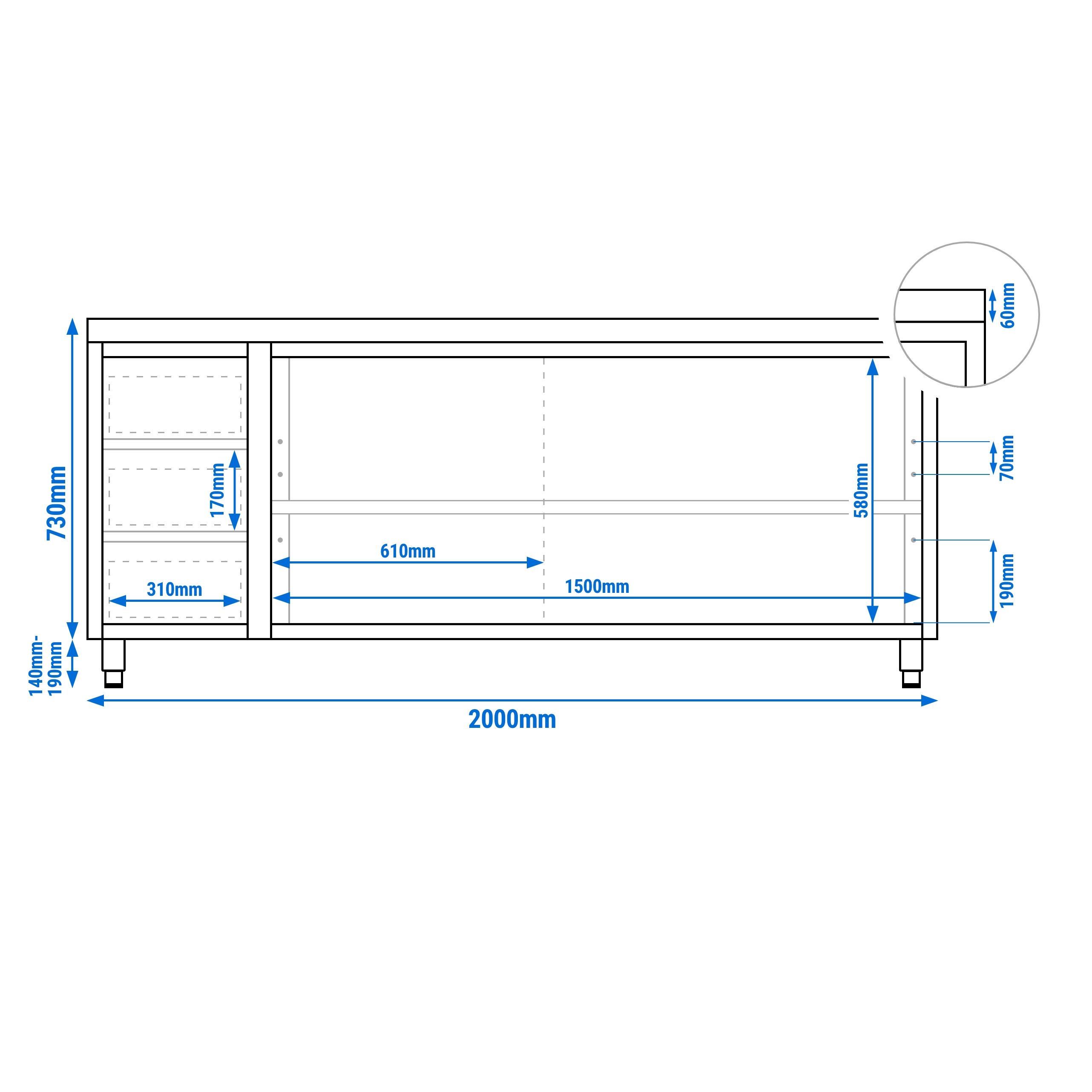 Table armoire en acier inoxydable PREMIUM - 2000x600mm - avec 3 tiroirs à gauche et portes coulissantes et étagère basse