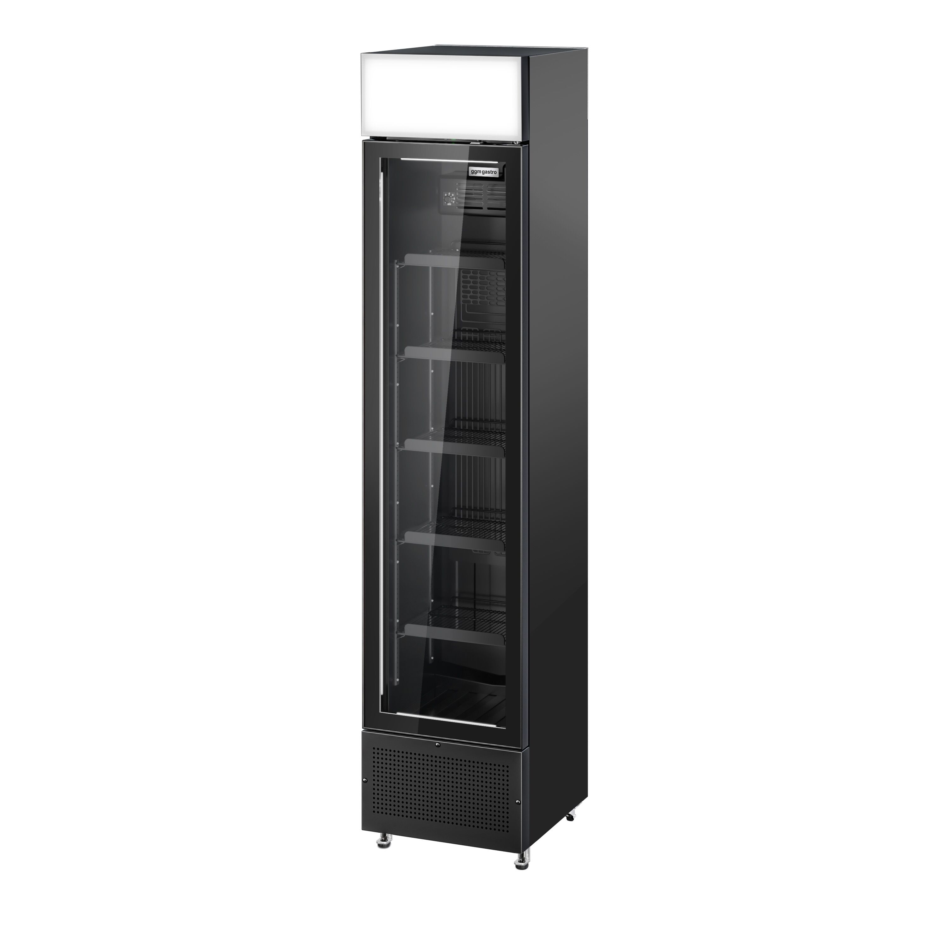 Commercial Beverage Display Fridge with Illuminated Canopy - 435mm - 145 Litres - with 1 hinged glass door - LED lighting - Black - Temperature range 1 to 10 °C