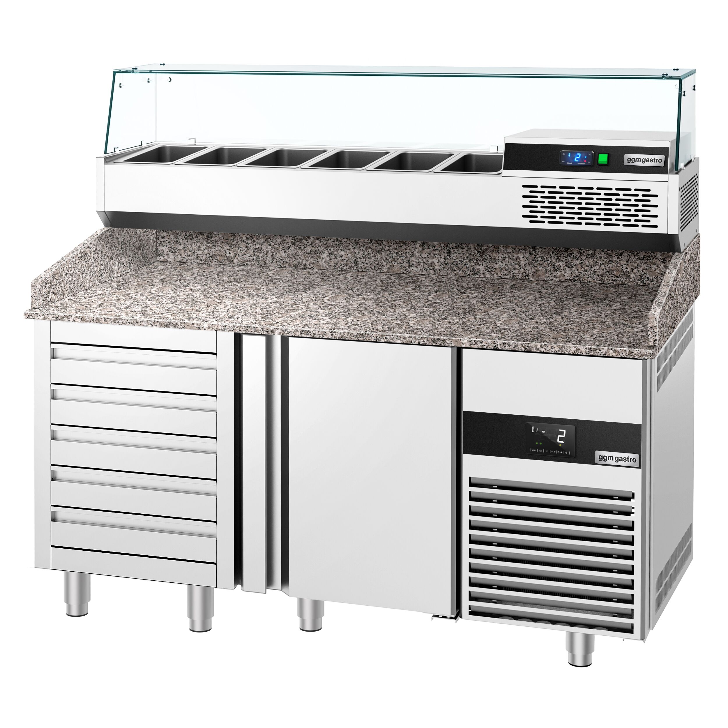 Table réfrigérée à pizza PREMIUM - 1550x800 mm - avec 1 porte & 5 tiroirs - incl. vitrine réfrigérée - 6x GN 1/3