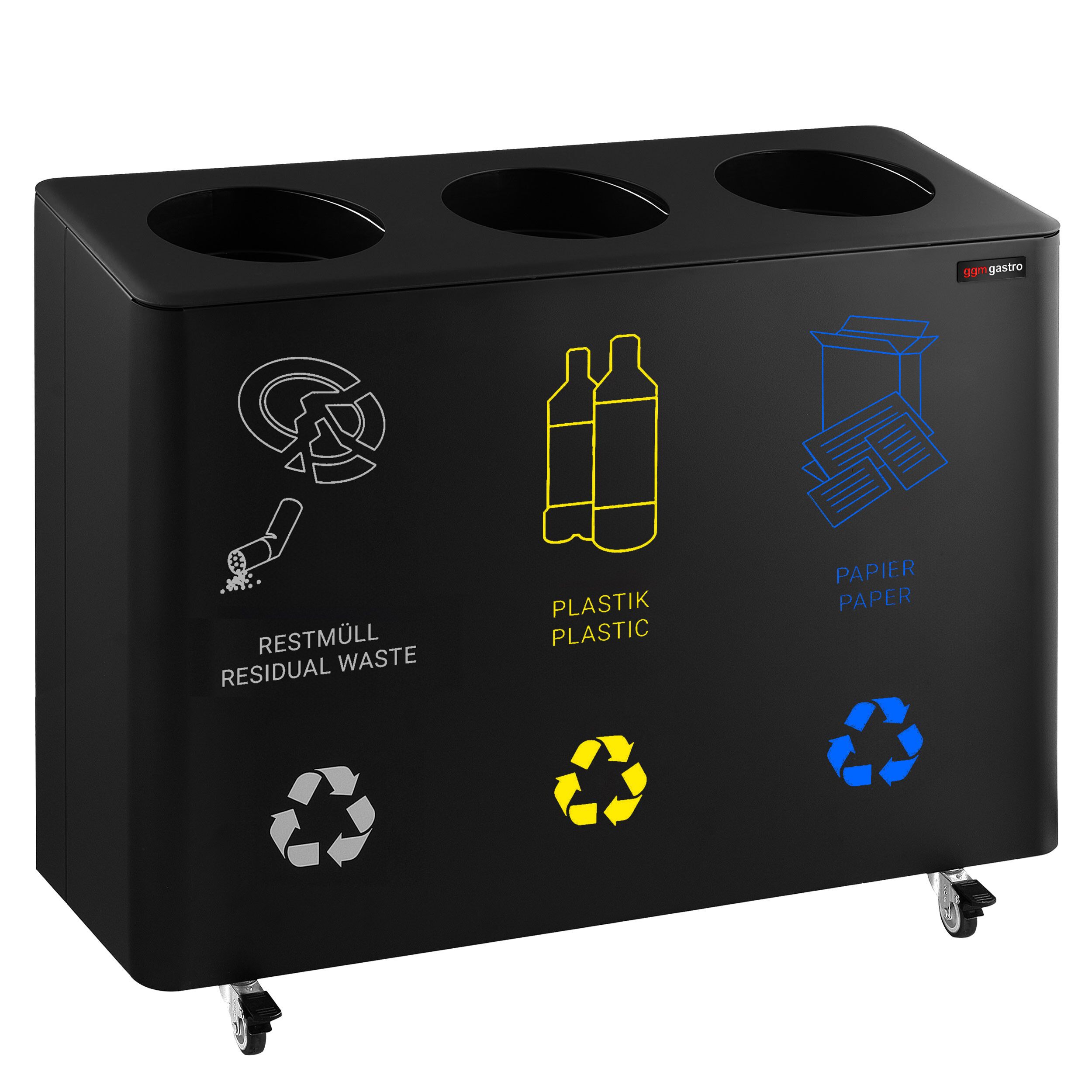 Poubelle de tri sélectif - 3 bacs de 25L chacun - 75L - 960x640x360mm - avec roulettes, bacs amovibles, autocollants de tri - Noir - Acier et Plastique
