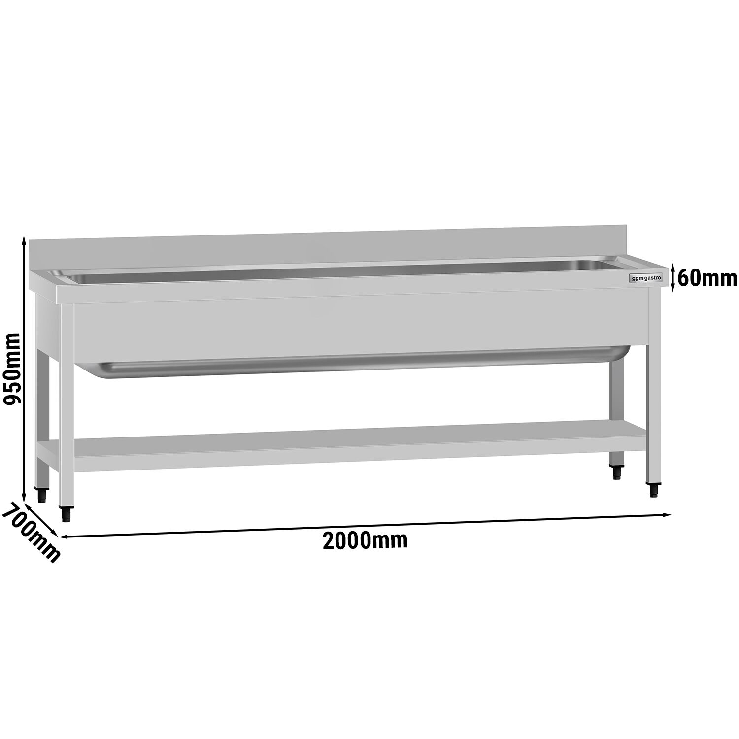Plonge à marmites en inox ECO - 2000x700mm - avec étagère basse & 1 bac