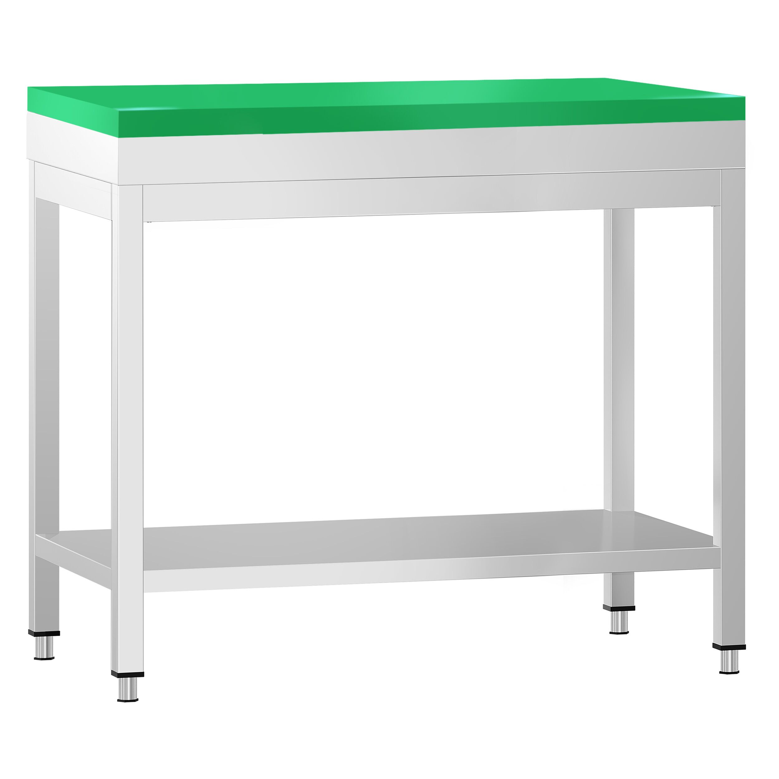Stół roboczy centralny ze stali nierdzewnej PREMIUM - 700x700mm - z półką - z deską do krojenia Zielony