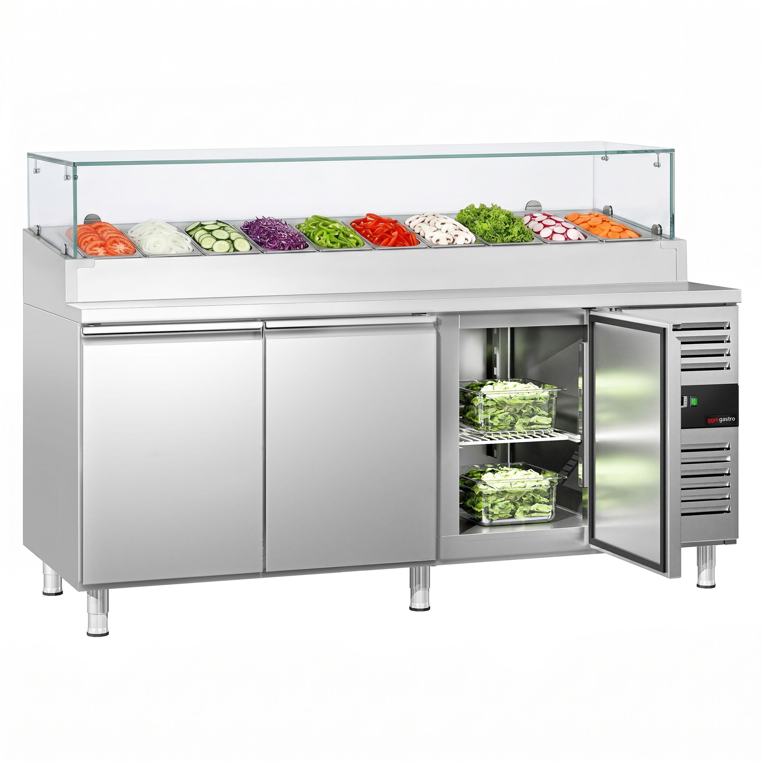 Zubereitungstisch PREMIUM - 2020mm - 3 Türen - mit Glasaufsatz - für 10x GN 1/3
