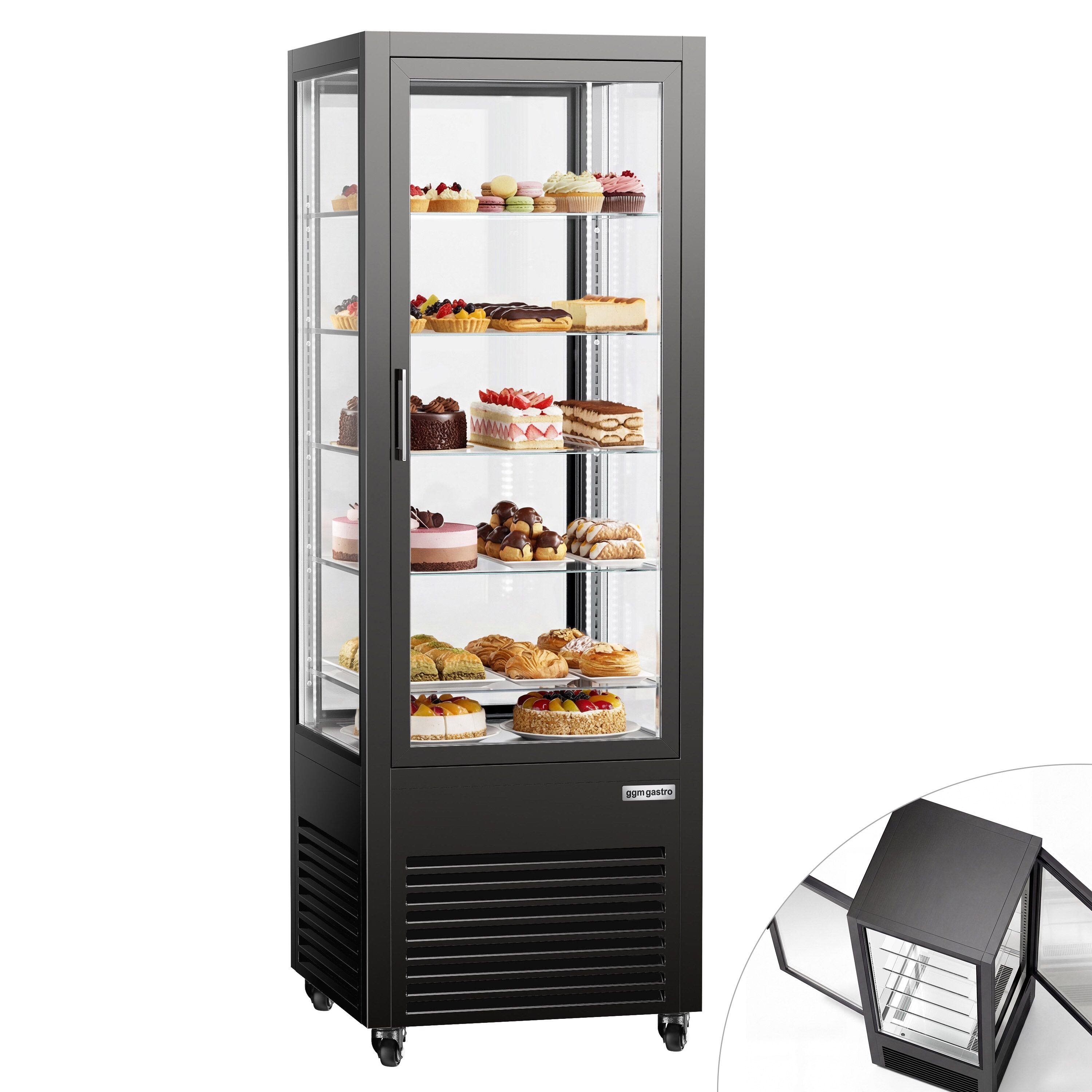 Vitrine réfrigérée 4 faces vitrées / Vitrine panoramique – 440 litres – 2 portes en verre – 5 étagères – Noir