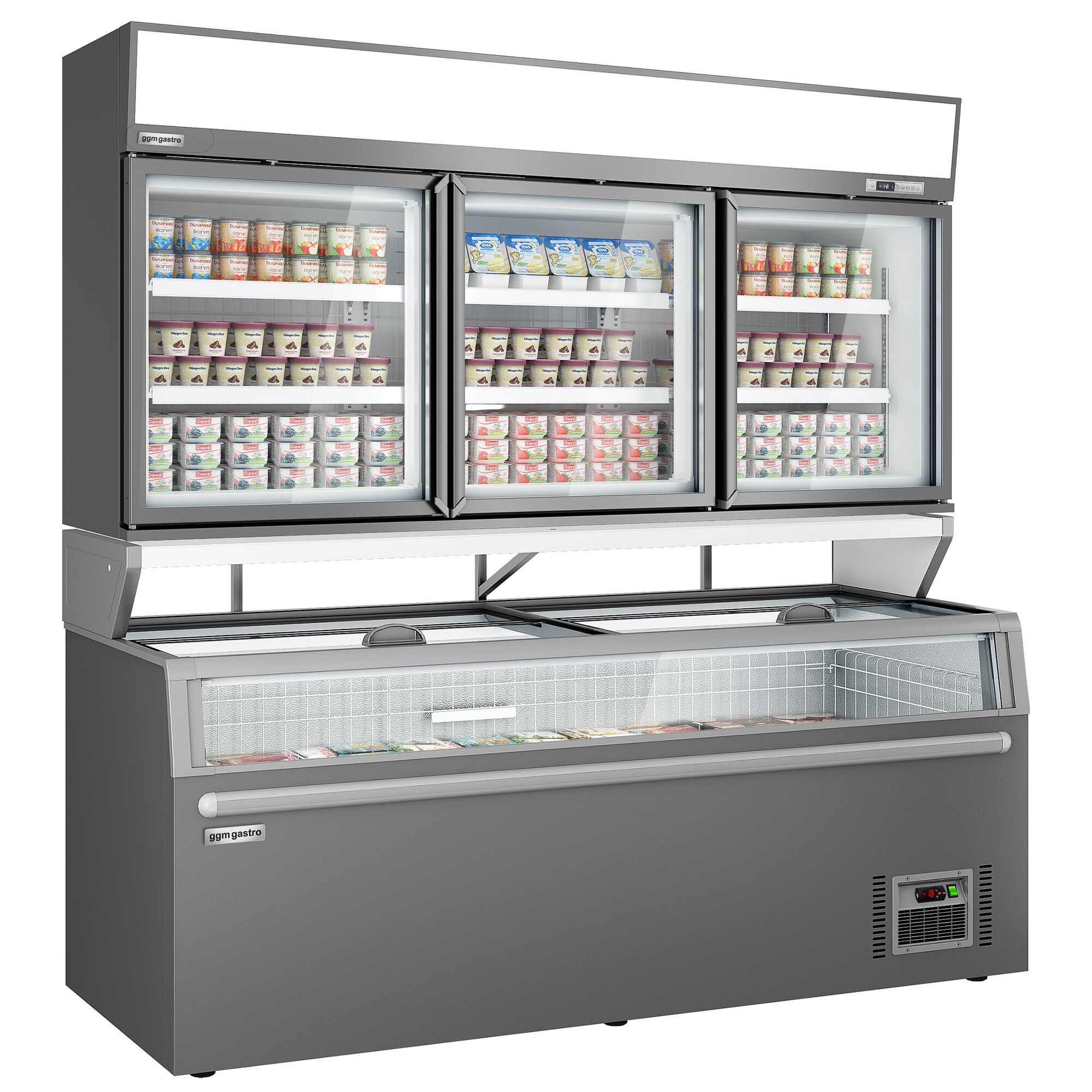 Vitrine murale de congélation pour supermarché - 3 portes - avec îlot de congélation inclus - Gris