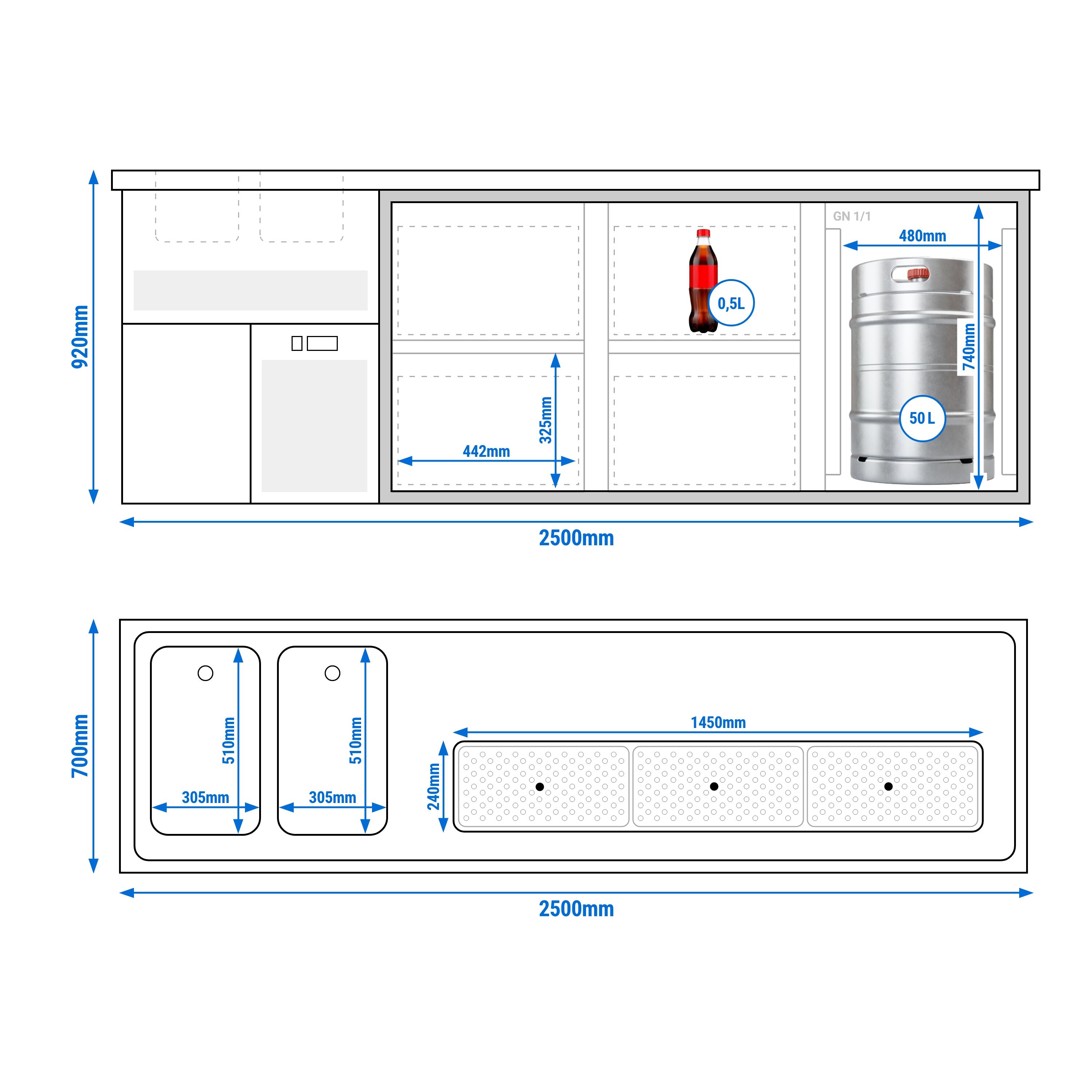 Comptoir de bar réfrigéré Premium PLUS - 2500x700mm - 1 porte & 4 tiroirs