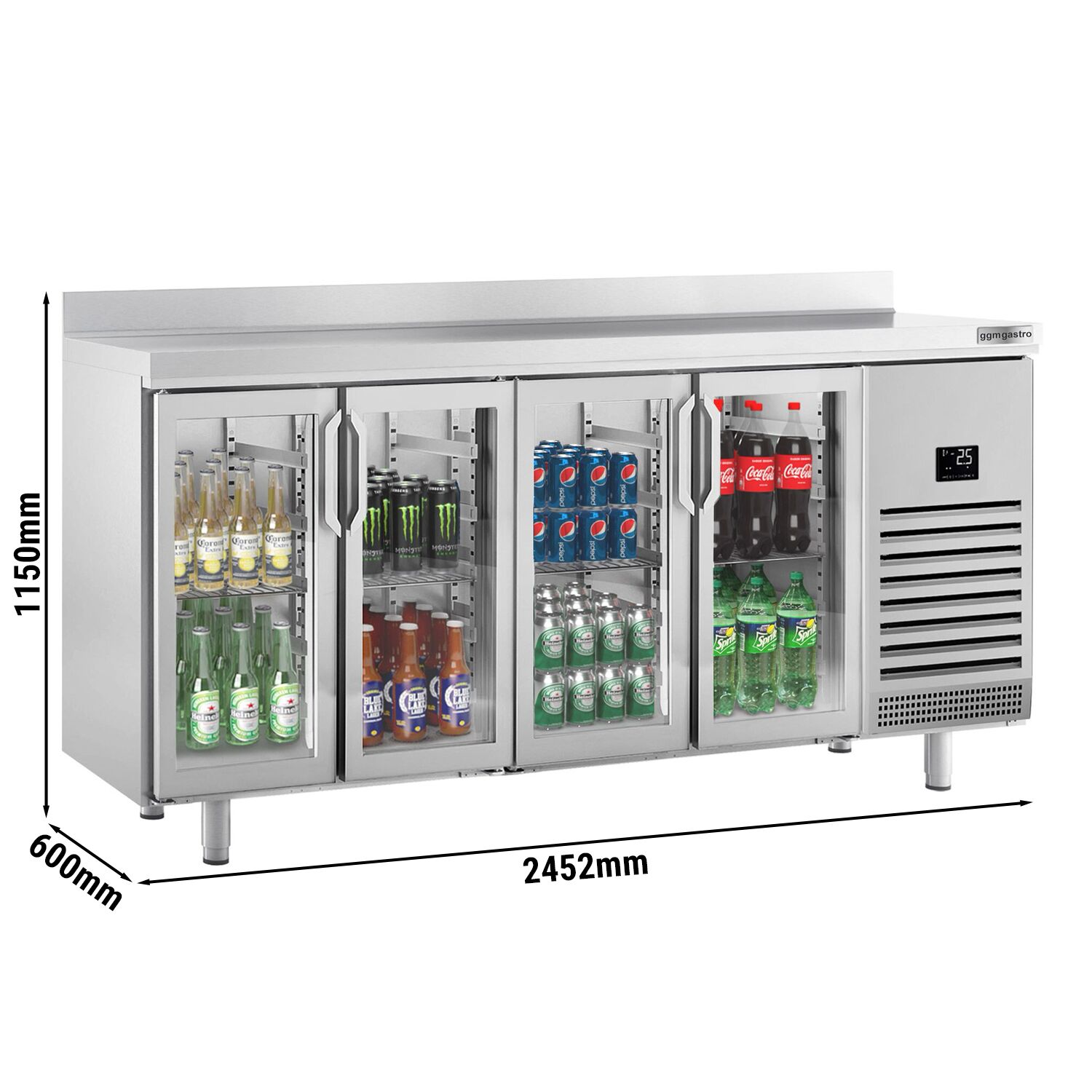 Table réfrigérée Premium PLUS - 2452x700 mm - avec 4 portes vitrées et rebord