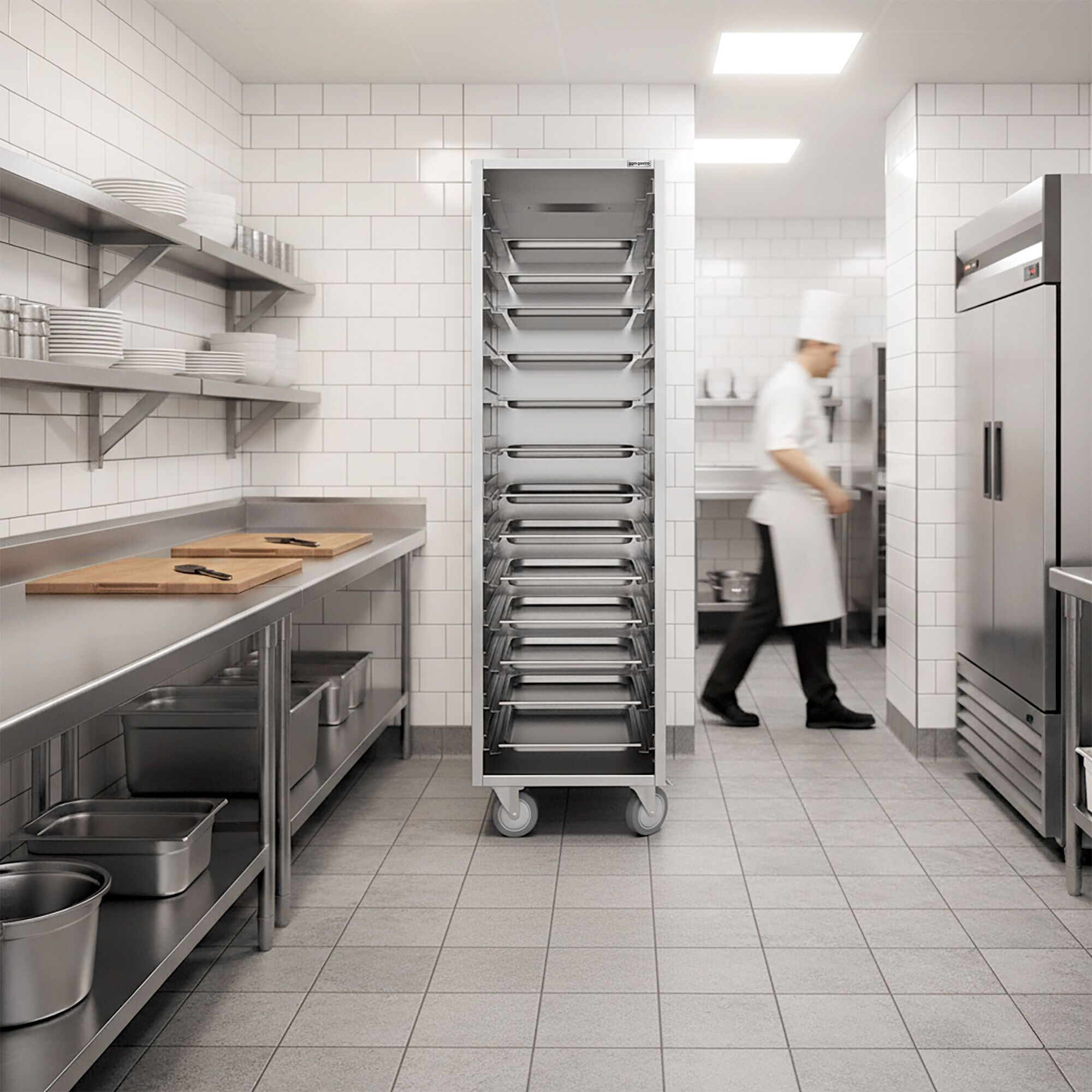 Chariot à plateaux en inox – pour 14 × GN 1/1 ou 14 × EN 600 × 400