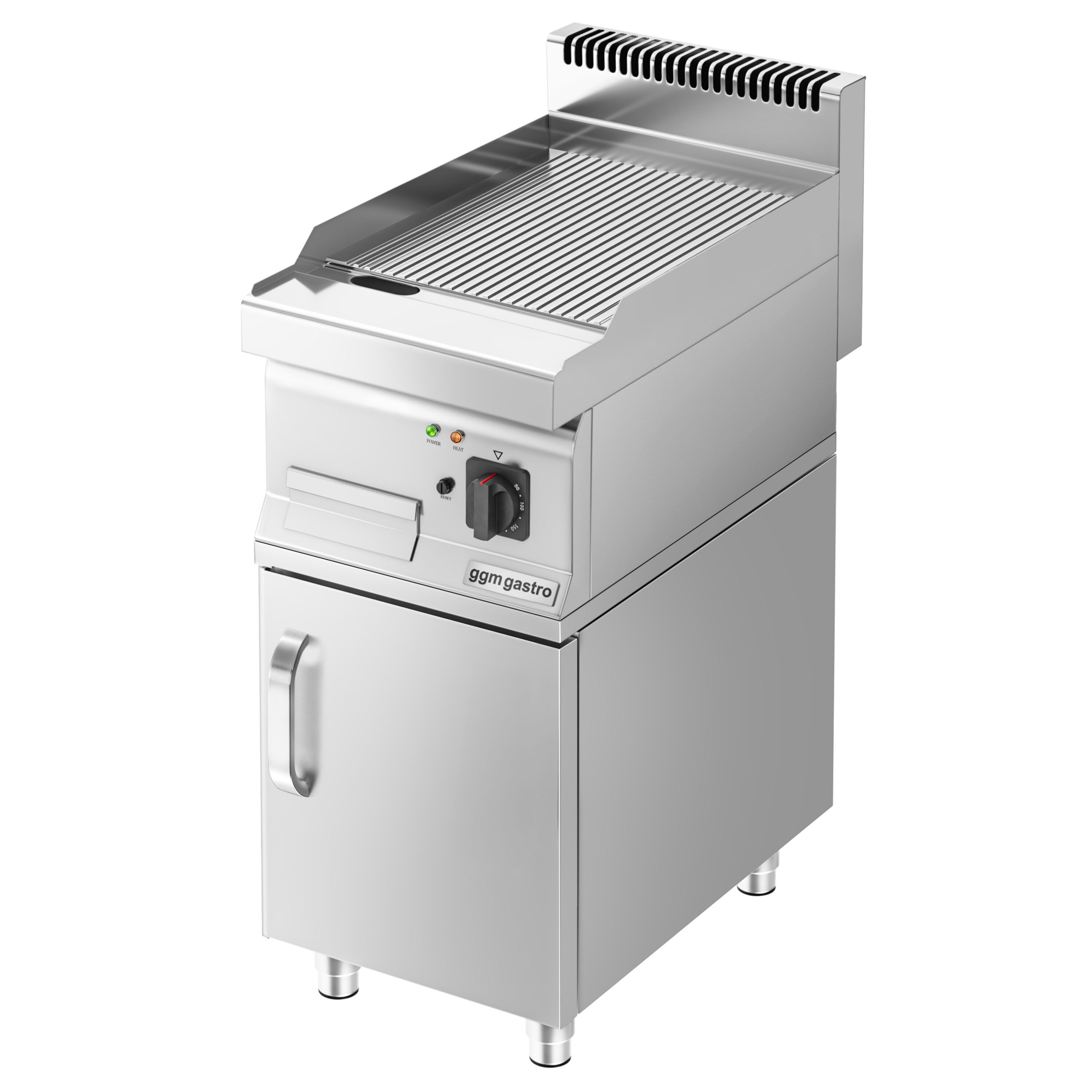 Commercial Electric Griddle - 3.6kW - Ribbed Plate - Cooking area: 395x535mm - with Cabinet Base - 1 Door