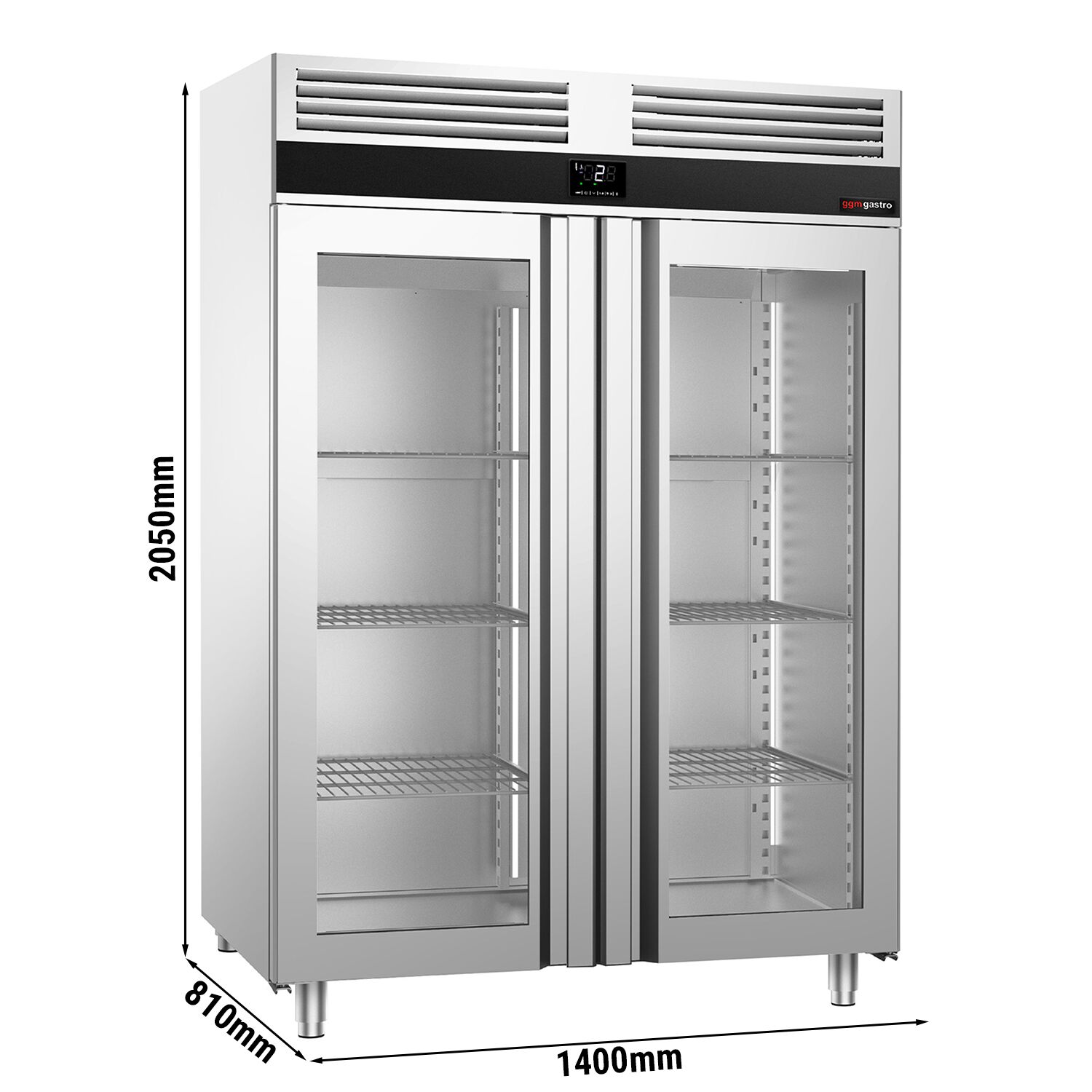 Armoire réfrigérée vitrée positive en acier inoxydable AISI 304 PREMIUM - GN 2/1 - 1400 L - avec 2 portes vitrées & Glissières GN & 6 grilles