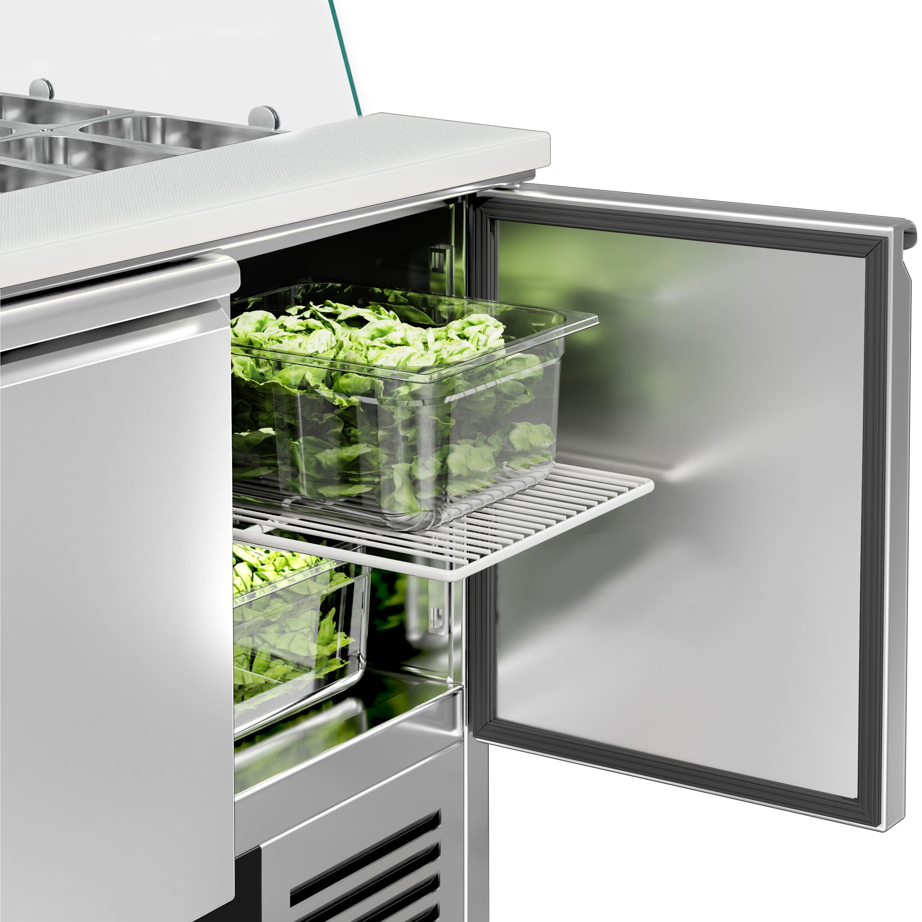 Saladette réfrigérée PREMIUM - 900mm - 240L - 2 portes - avec vitrine de comptoir pour 2x GN 1/1 & 3x GN 1/6