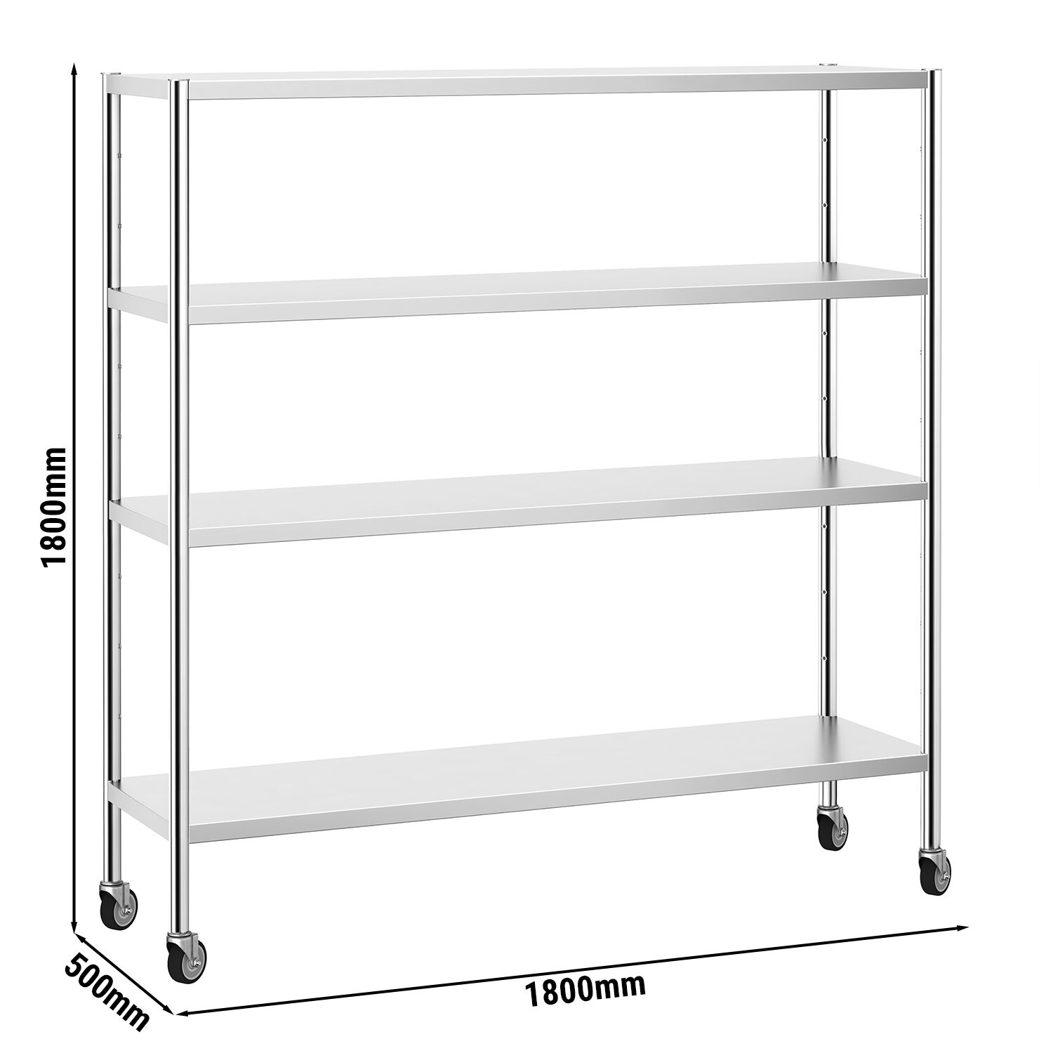 Étagère en inox PREMIUM - 1800 x 500 mm - avec 4 étagères (réglables) - incl. 4 roulettes