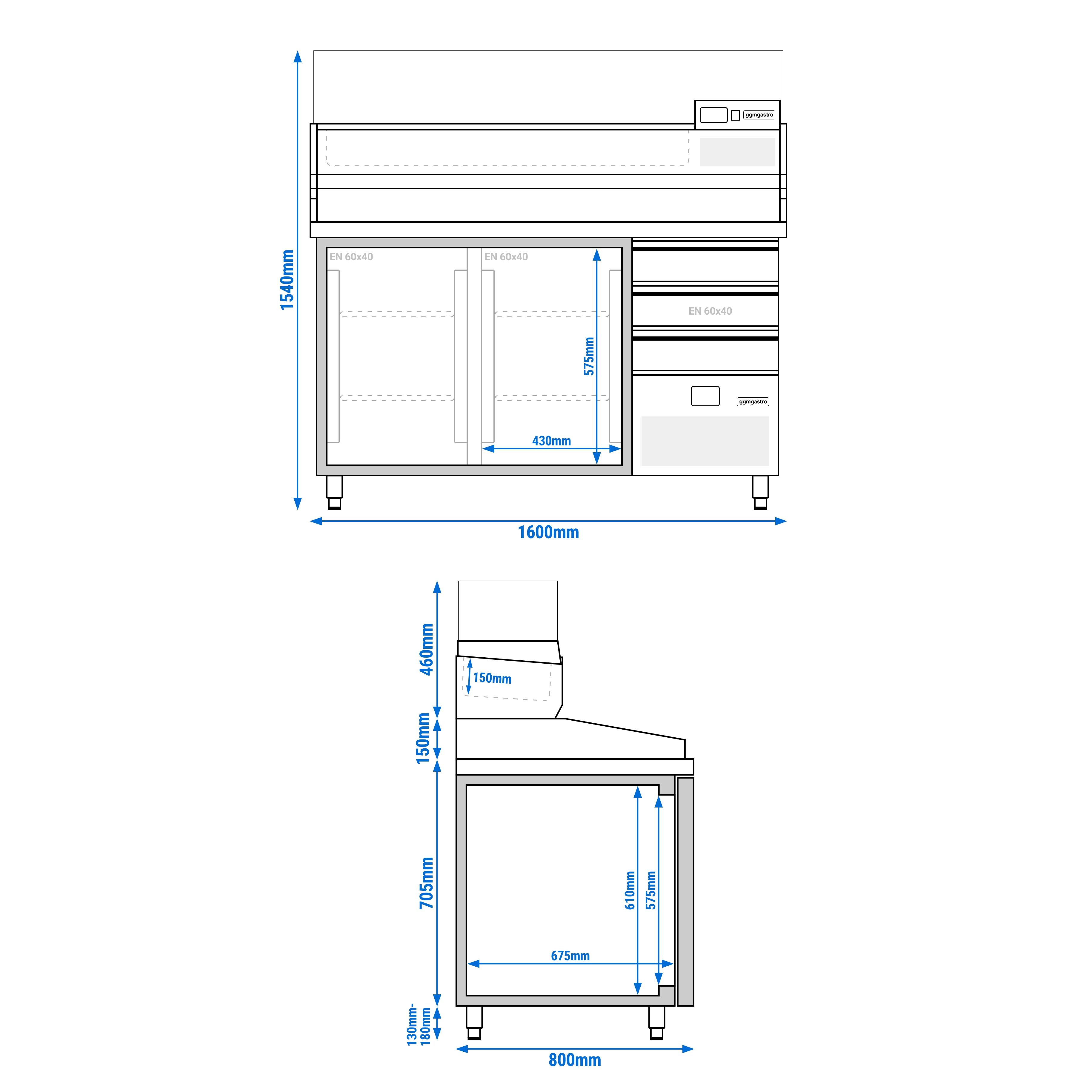 Table réfrigérée à pizza PREMIUM - 1600x800 mm - avec 2 portes & 3 tiroirs - incl. vitrine réfrigérée - 6x GN 1/3