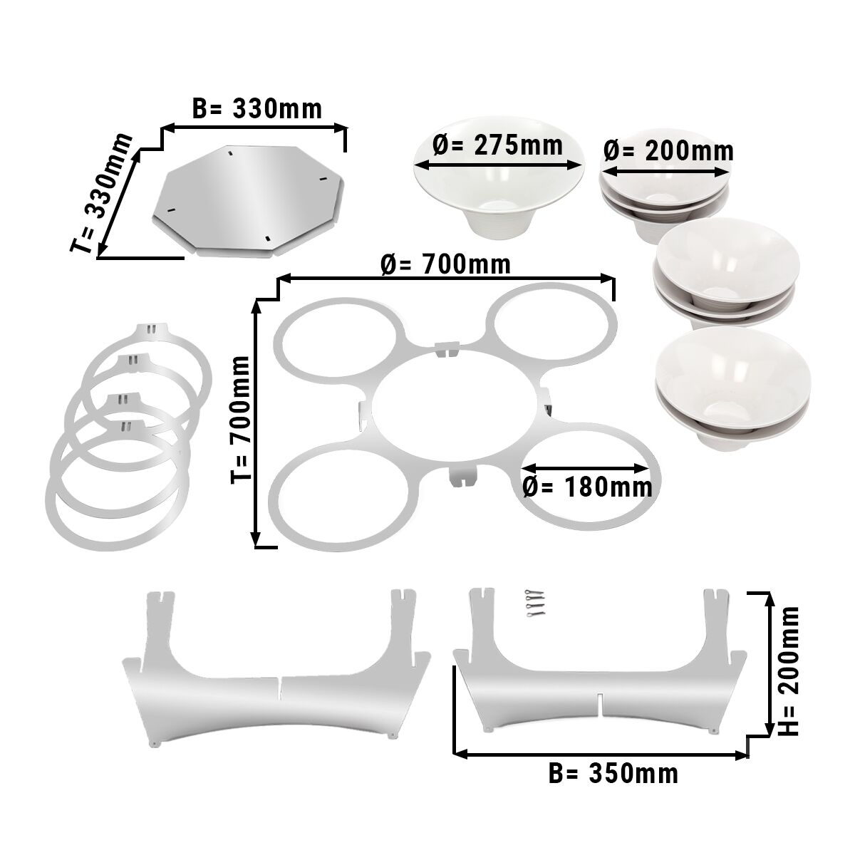 Buffetstandaard - RVS - rond - 700x700mm - Hoogte: 225mm - incl. 9 melamine schaaltjes (8x Ø200mm, 1x Ø280mm) - roterend