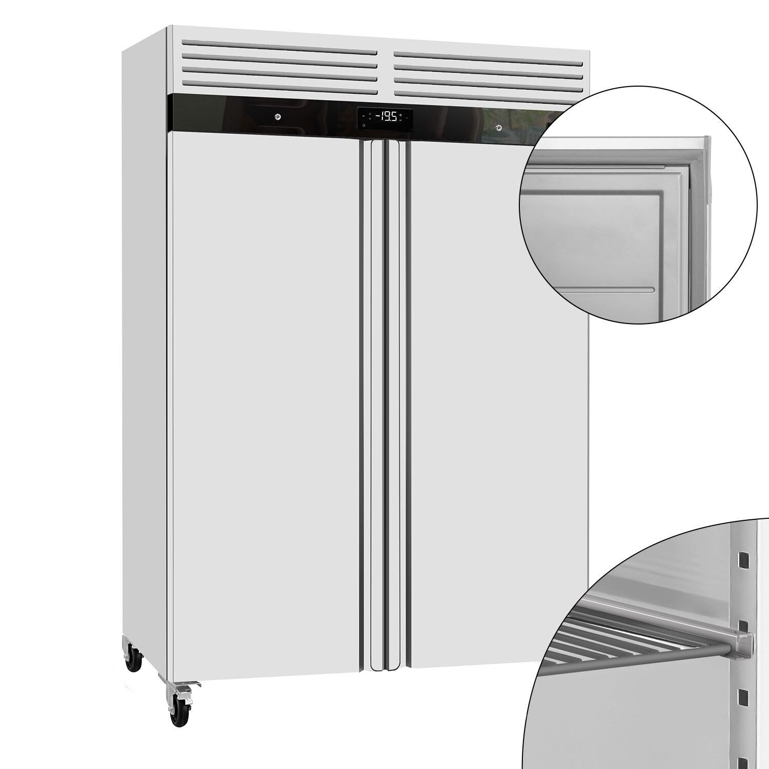 Upright Fridge Stainless steel ECO - GN 2/1 - 1400L - with 2 doors & Rails & support grids - On castors - Plastic inner door lining