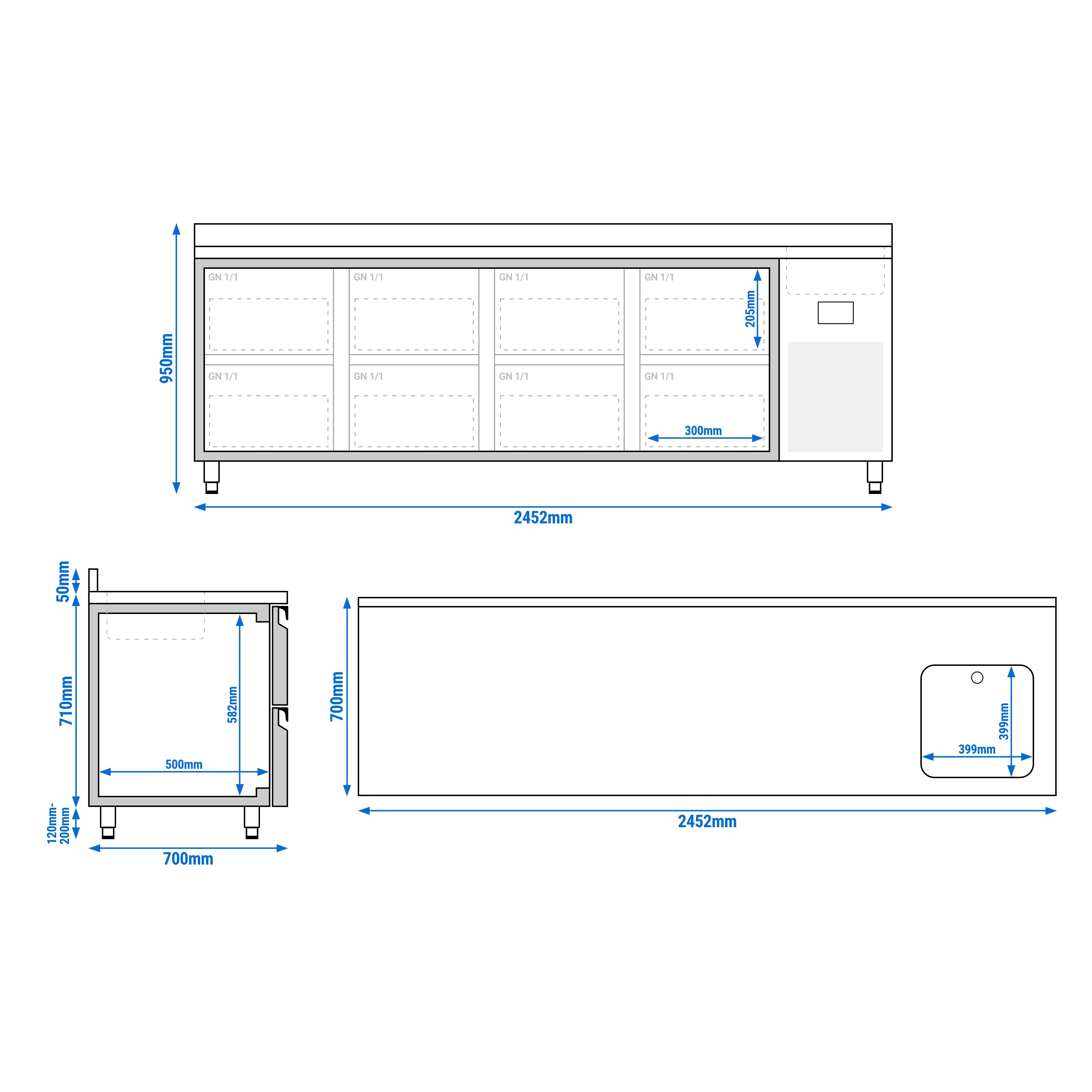 Koelwerkbank PREMIUM PLUS - 2452x700mm - 630 liter - met 8 lades - opstand