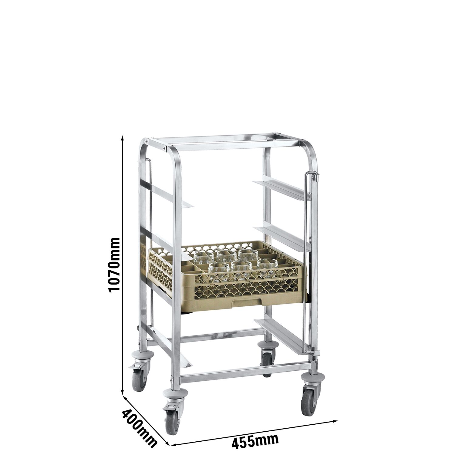 Chariot de transport pour paniers à vaisselle en acier inoxydable - 455x400mm - avec 4 surfaces de rangement en acier inoxydable - avec poignée