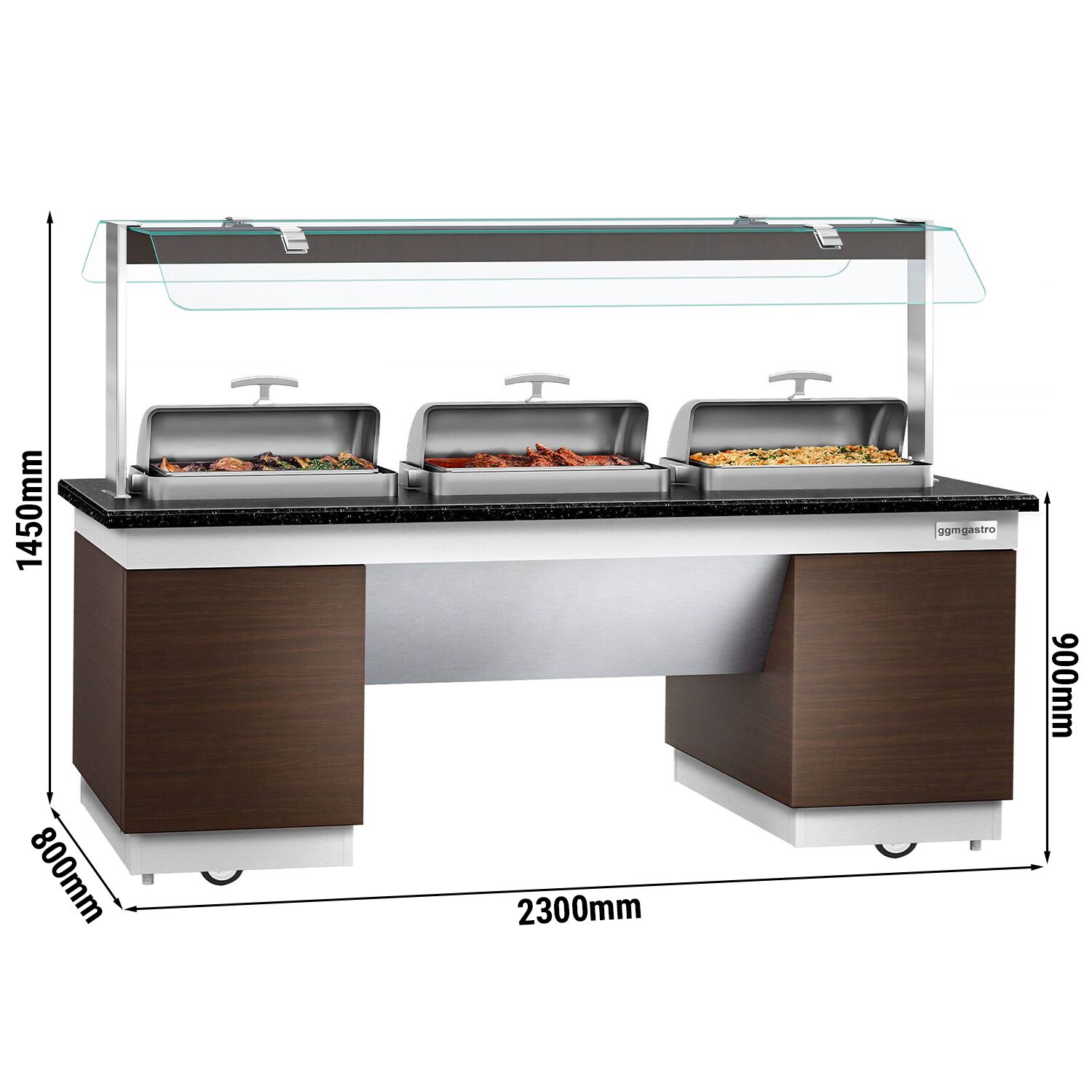 Buffet chaud DUBLIN - 2300mm - avec 3 Chafing Dishes - sur roulettes