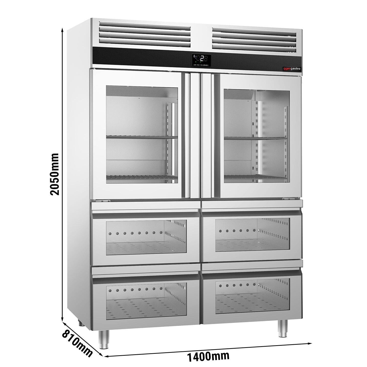 Armoire réfrigérée positive en acier inoxydable PREMIUM - GN 2/1 - 1400 L - avec 2 portes vitrées & 6 glissières & 6 grilles GN 2/1