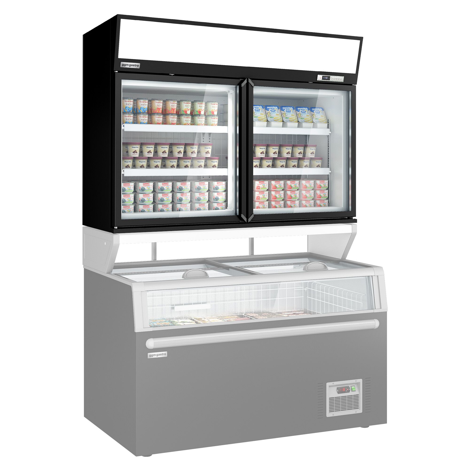 Vitrine murale de congélation pour supermarché - 1450 mm - 232 litres - avec 2 portes & 2 étagères - Noir