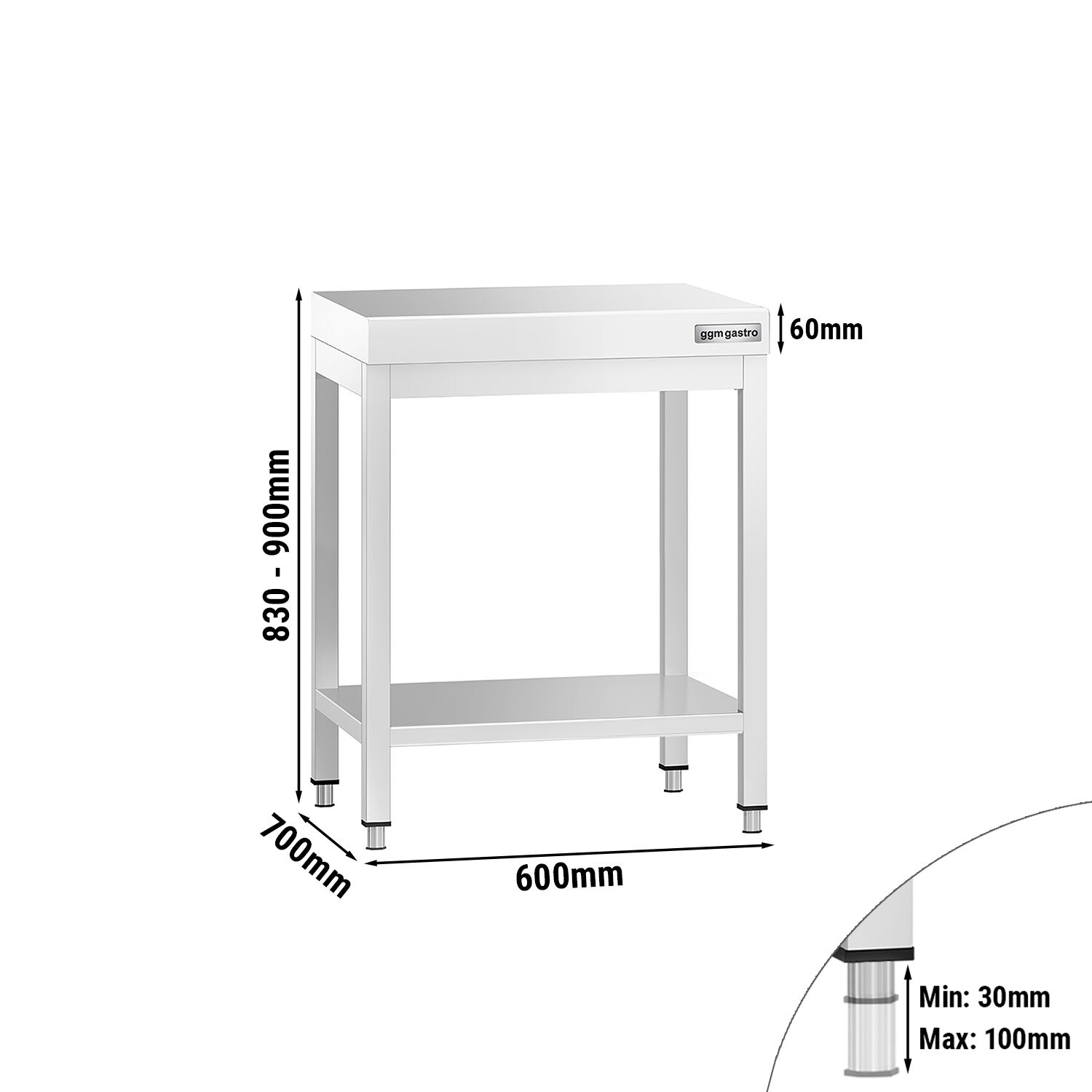 Table de travail inox PREMIUM - 600 x 700 mm - avec tablette inférieure