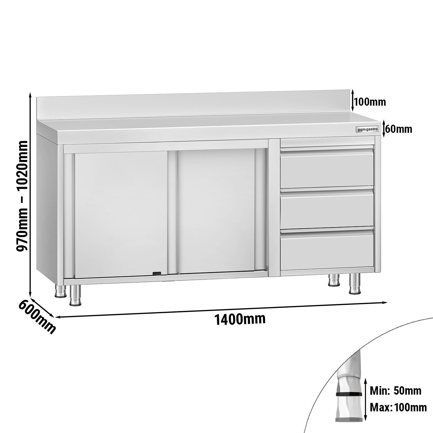 Table armoire en acier inoxydable ECO - 1400x600mm - avec 3 tiroirs à droite et portes coulissantes - avec dosseret