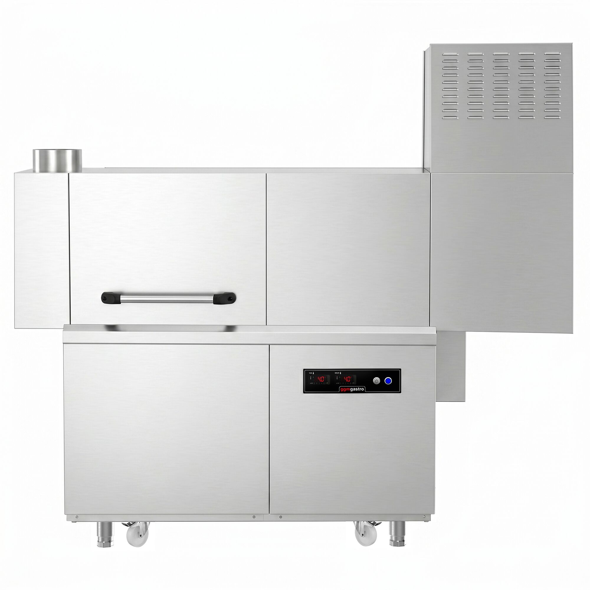 Lave-vaisselle à convoyeur - Commande électronique (affichage numérique) - 47kW - panier 500x500mm - avec tunnel de séchage - avec pompes doseuses intégrées pour détergent et produit de rinçage - Table d’entrée à gauche