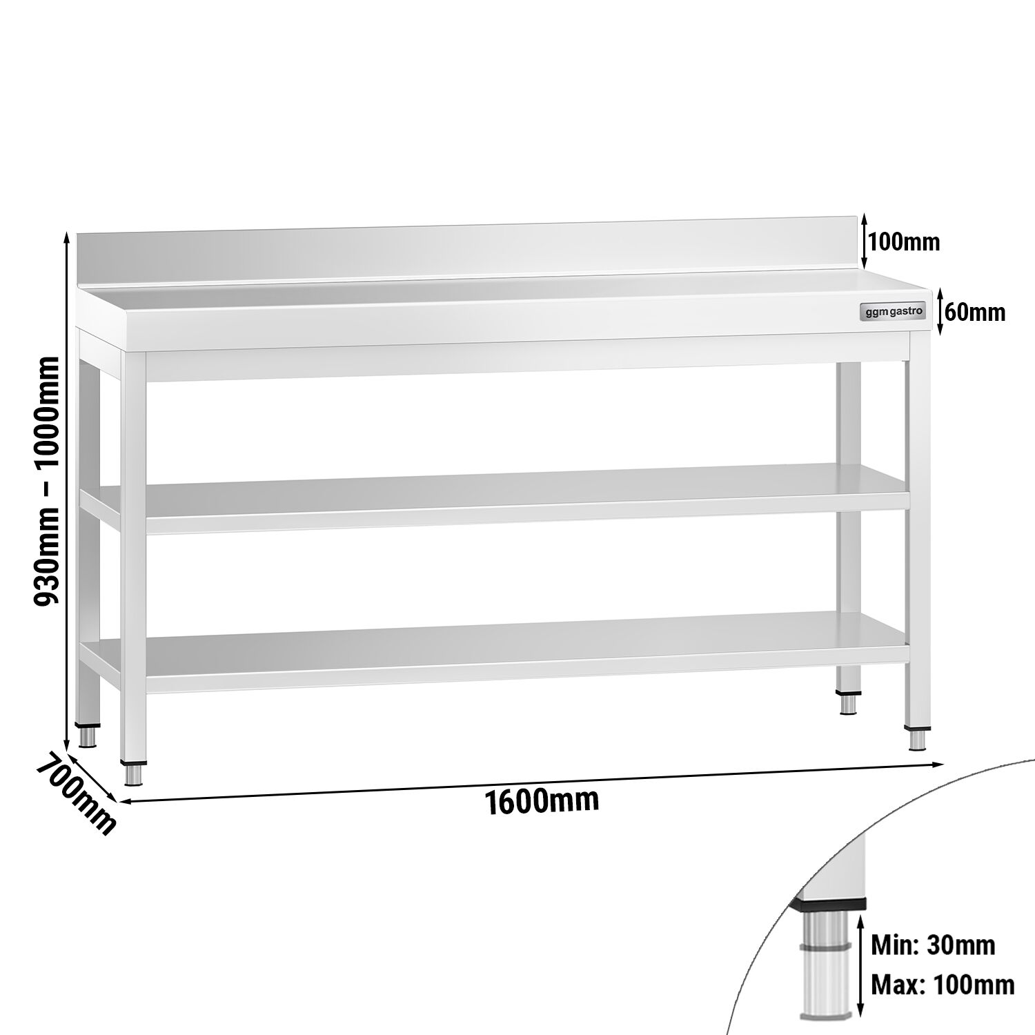 Table de travail inox PREMIUM - 1600 x 700 mm - avec tablette inférieure, Dosseret & Tablette intermédiaire