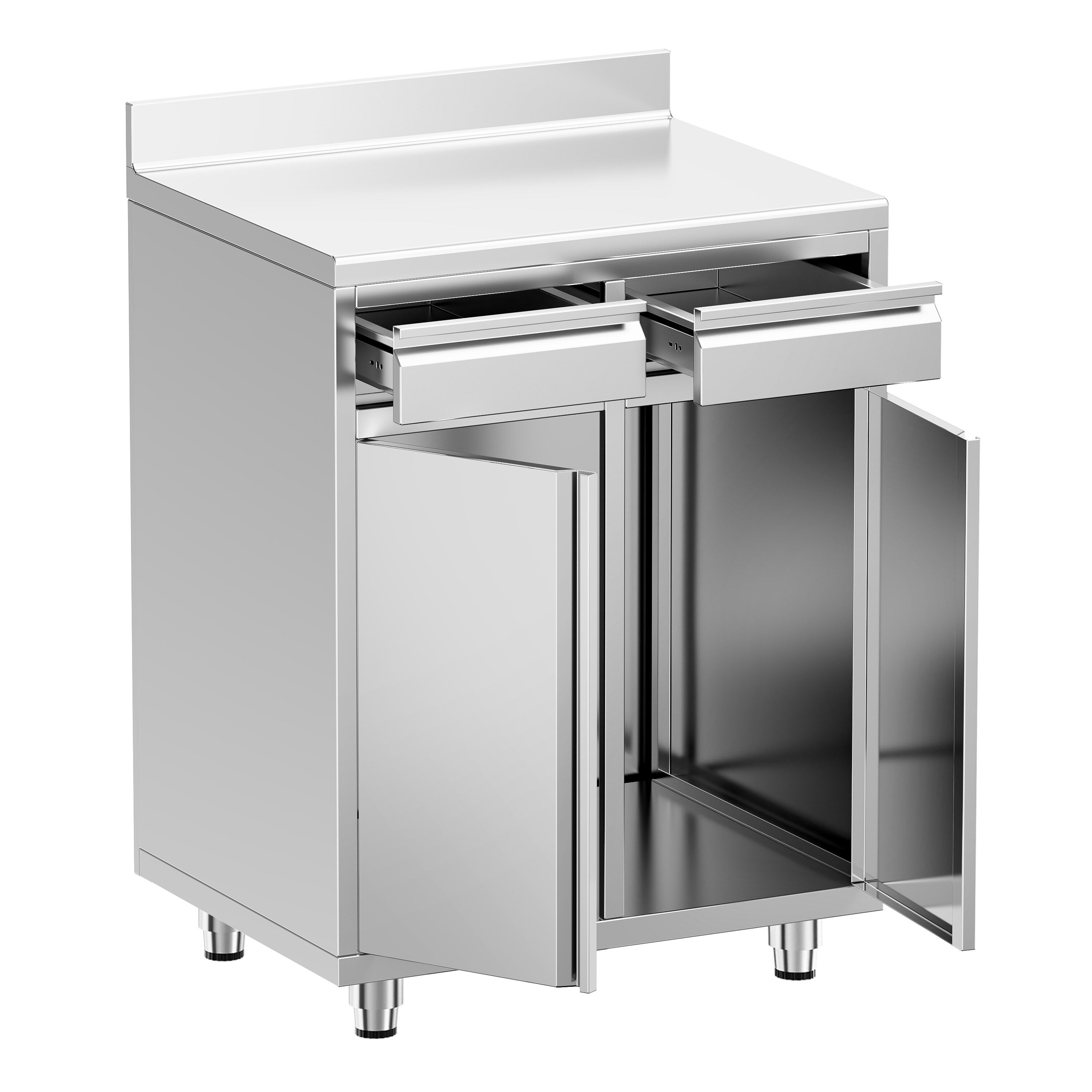 Table armoire en acier inoxydable - 800x600mm - avec 2 tiroirs et portes battantes - avec dosseret - pour machine à café (cafetière à filtre)