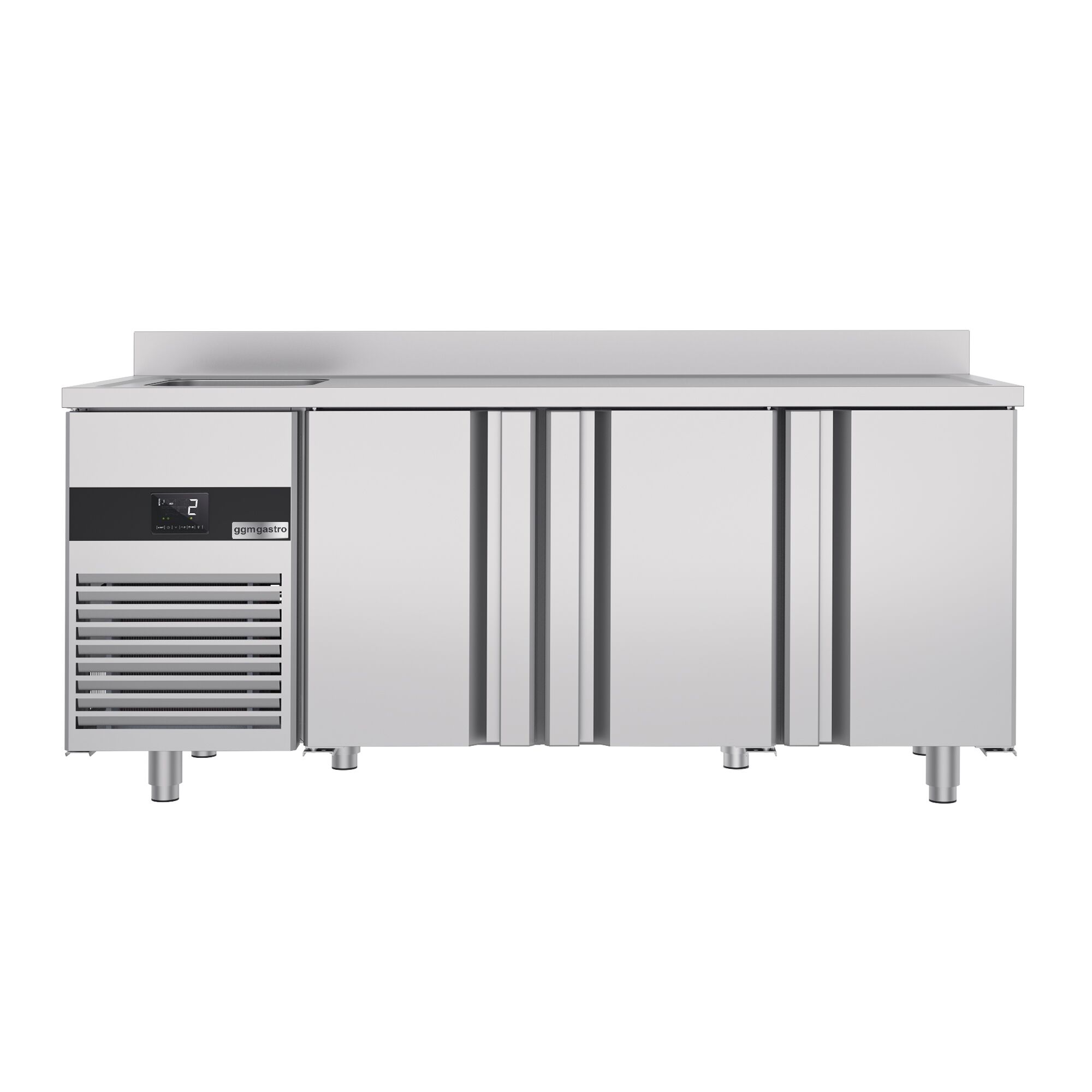 Commercial Counter Fridge PREMIUM - 1900x700mm - with 3 doors - with sink left - with upstand - capacity 420 litres