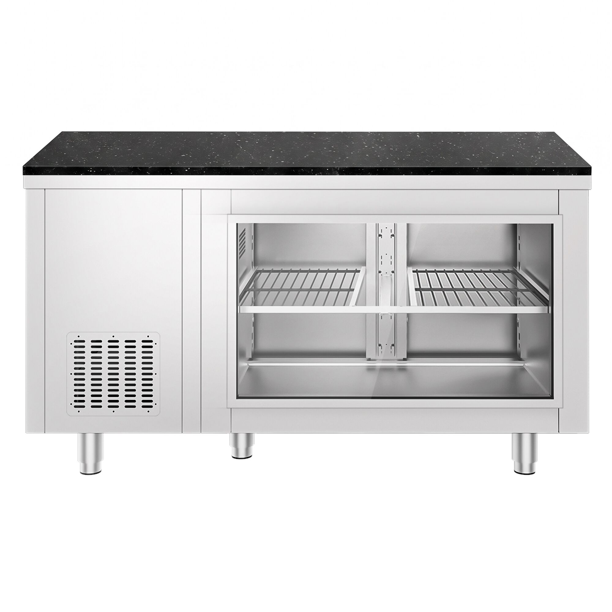 Stół chłodniczy – 1400 x 700 mm – 2 drzwi z tyłu – z przeszklonym frontem – wraz z blatem z granitu