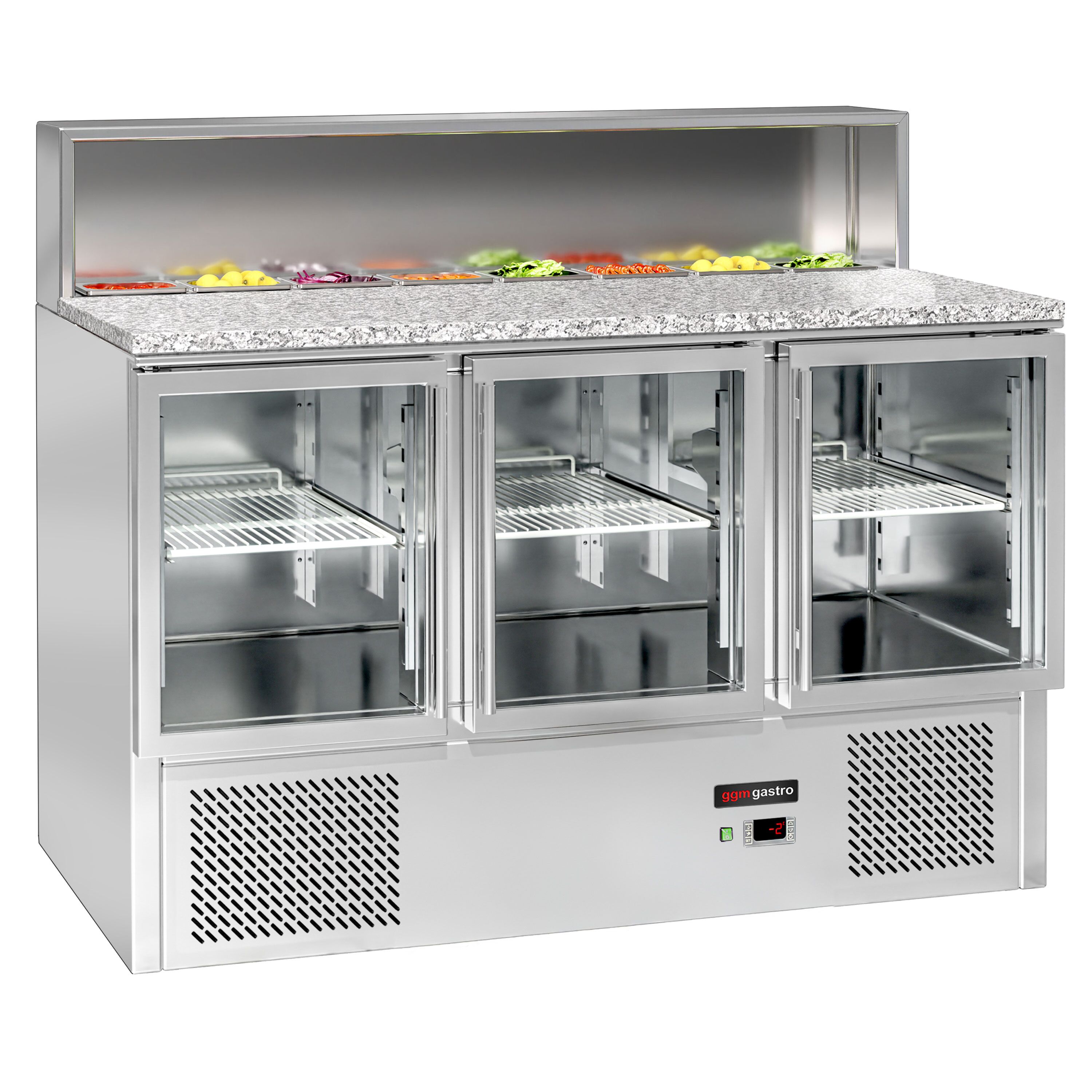 Saladette réfrigérée ECO - 1368mm - 402L - 3 portes vitrées - avec découpe pour 7x GN 1/6 & Couvercle inox - plan de travail en granit noir