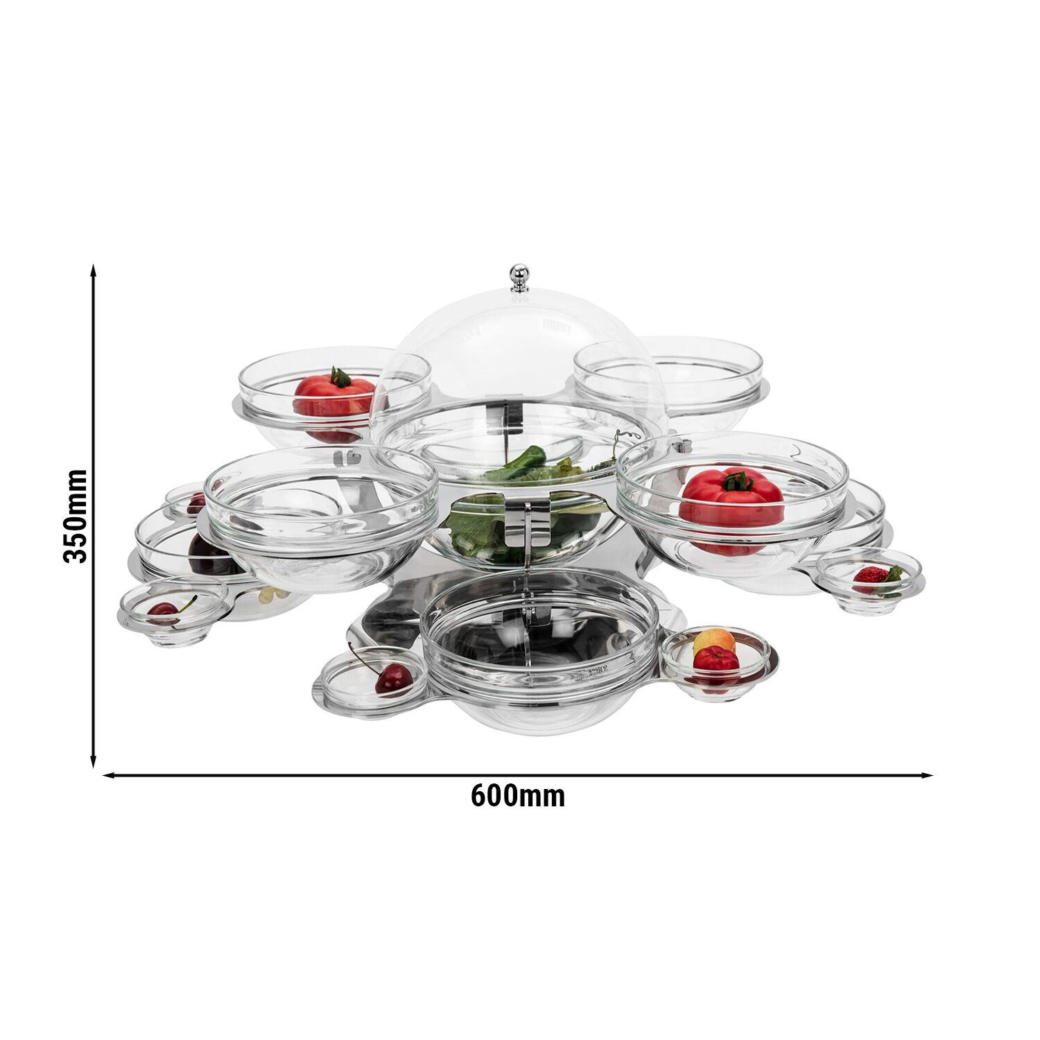 Buffetstandaard - RVS - rond - 600x600mm - Hoogte: 350mm - incl. 17 glazen schalen - roterend