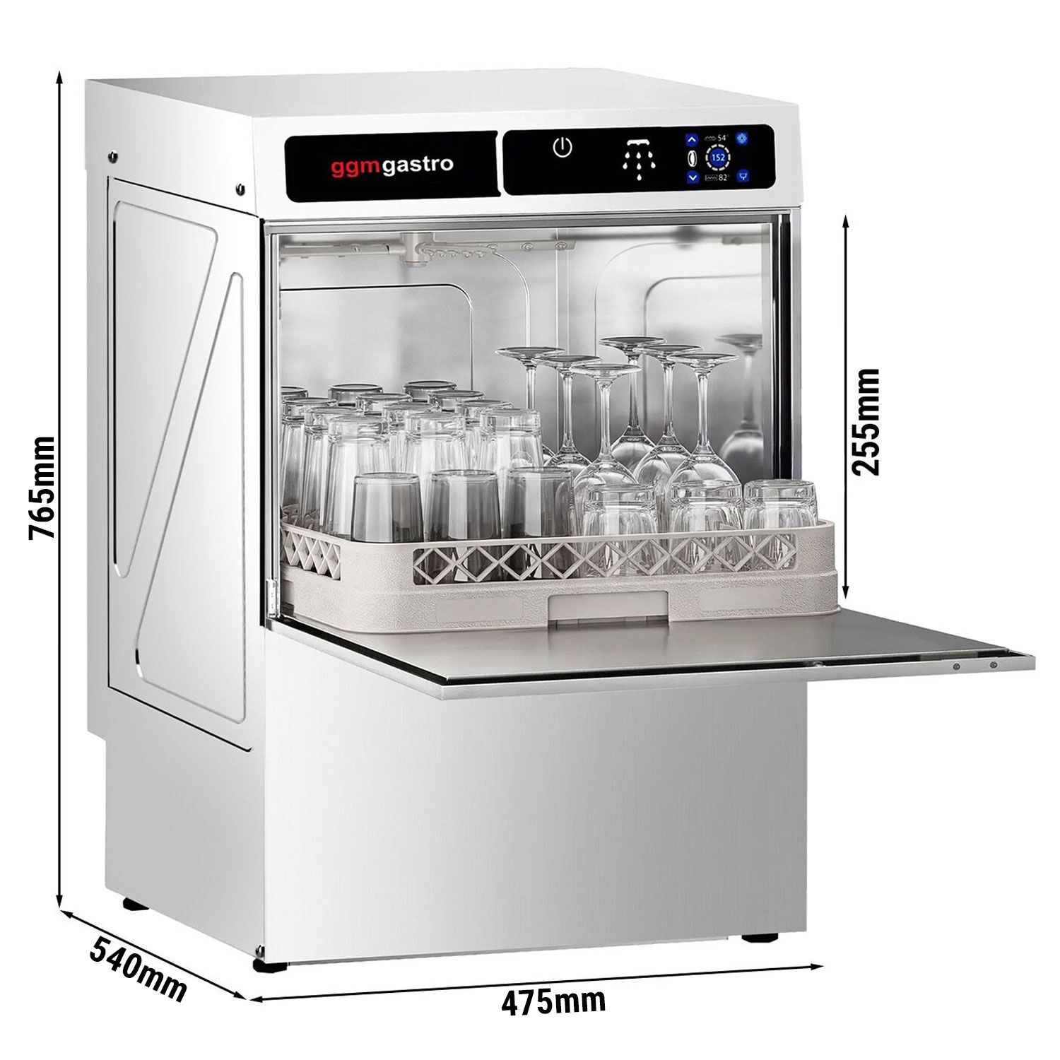 Lave-verres professionnel - Tactile - 3,30kW - avec pompes à détergent, de liquide de rinçage et de vidange