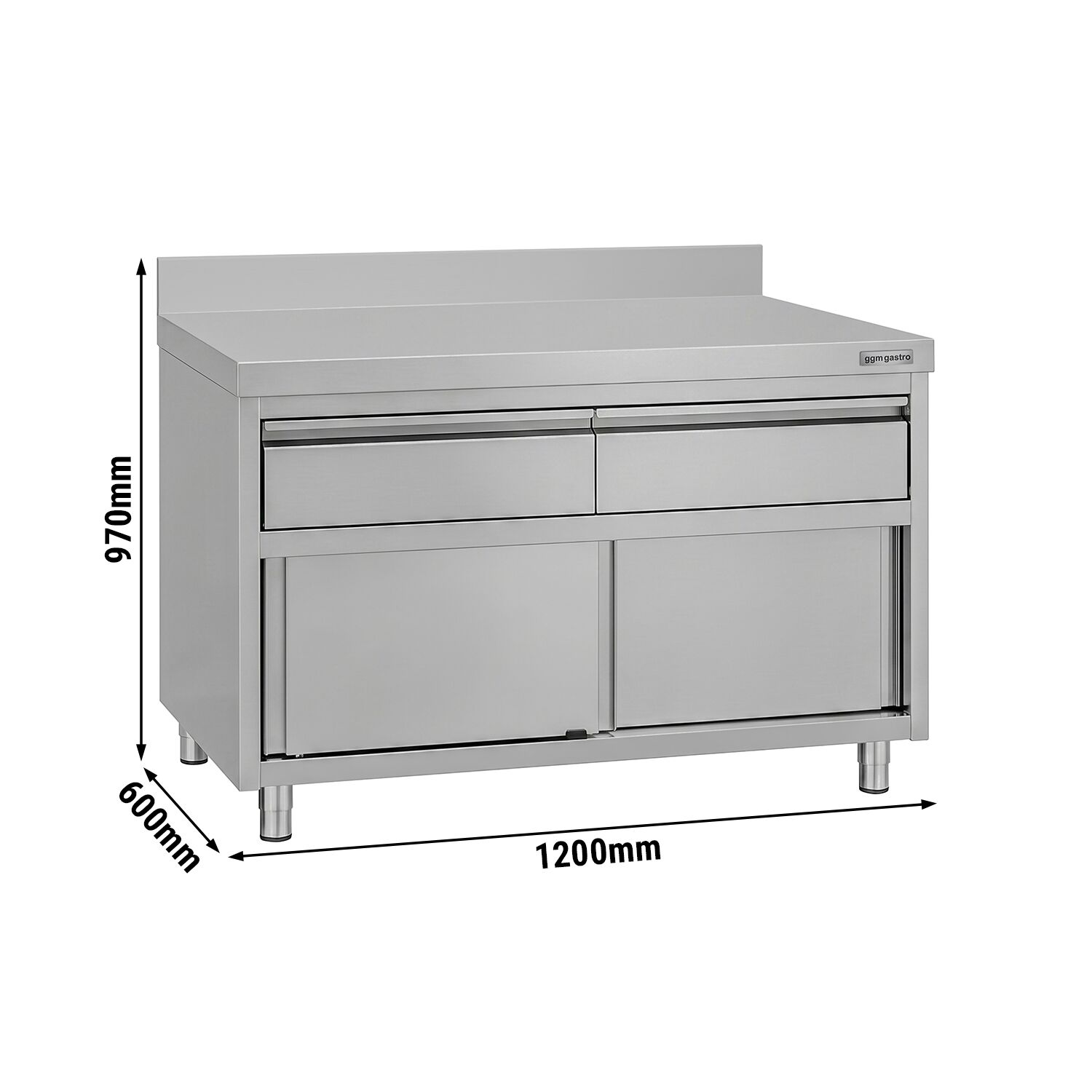 Armoire de travail en acier inoxydable ECO - 1200 x 600 mm - avec rebord - avec 2 tiroirs et une porte coulissante