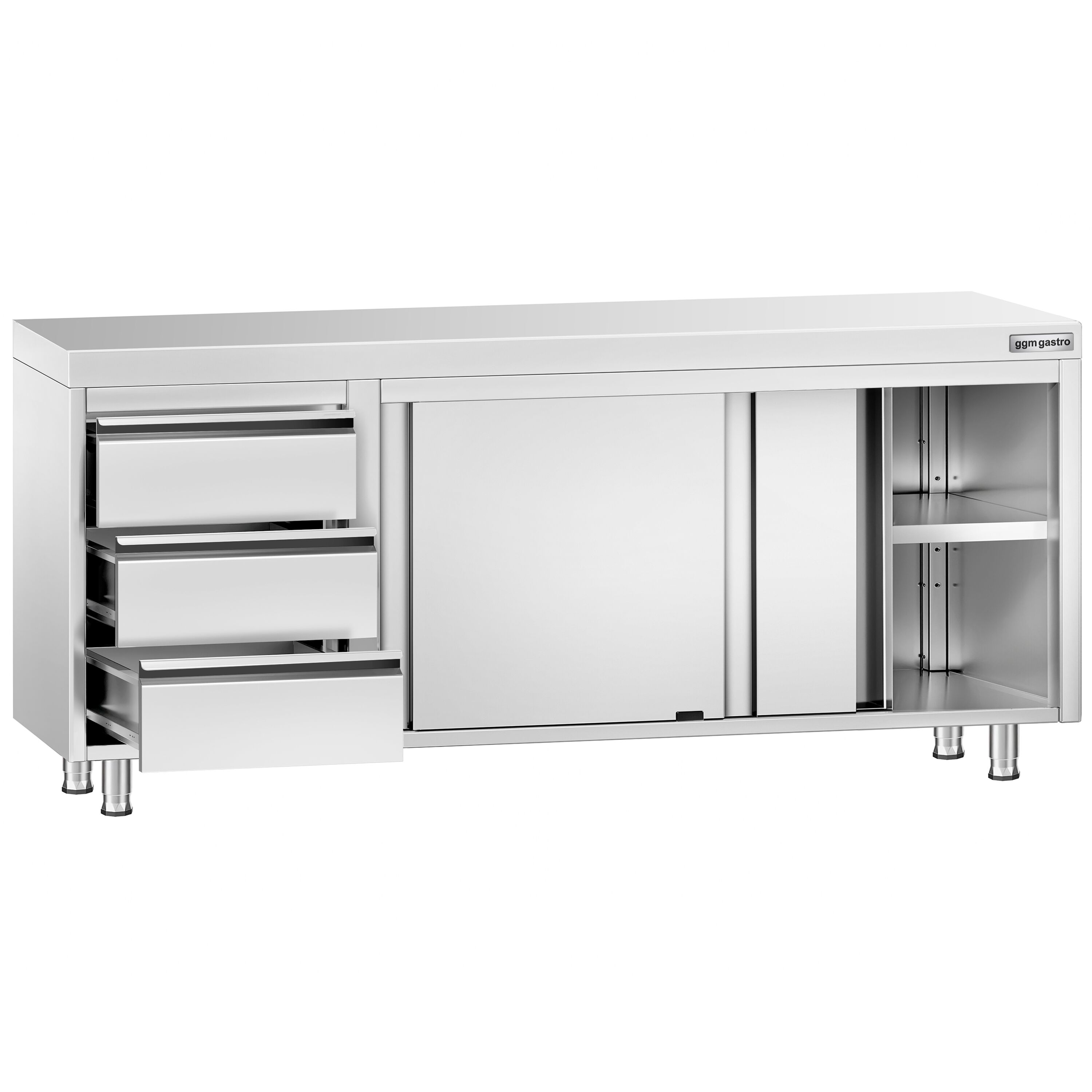 Table armoire en acier inoxydable PREMIUM - 2000x700mm - avec portes coulissantes et 3 tiroirs à gauche